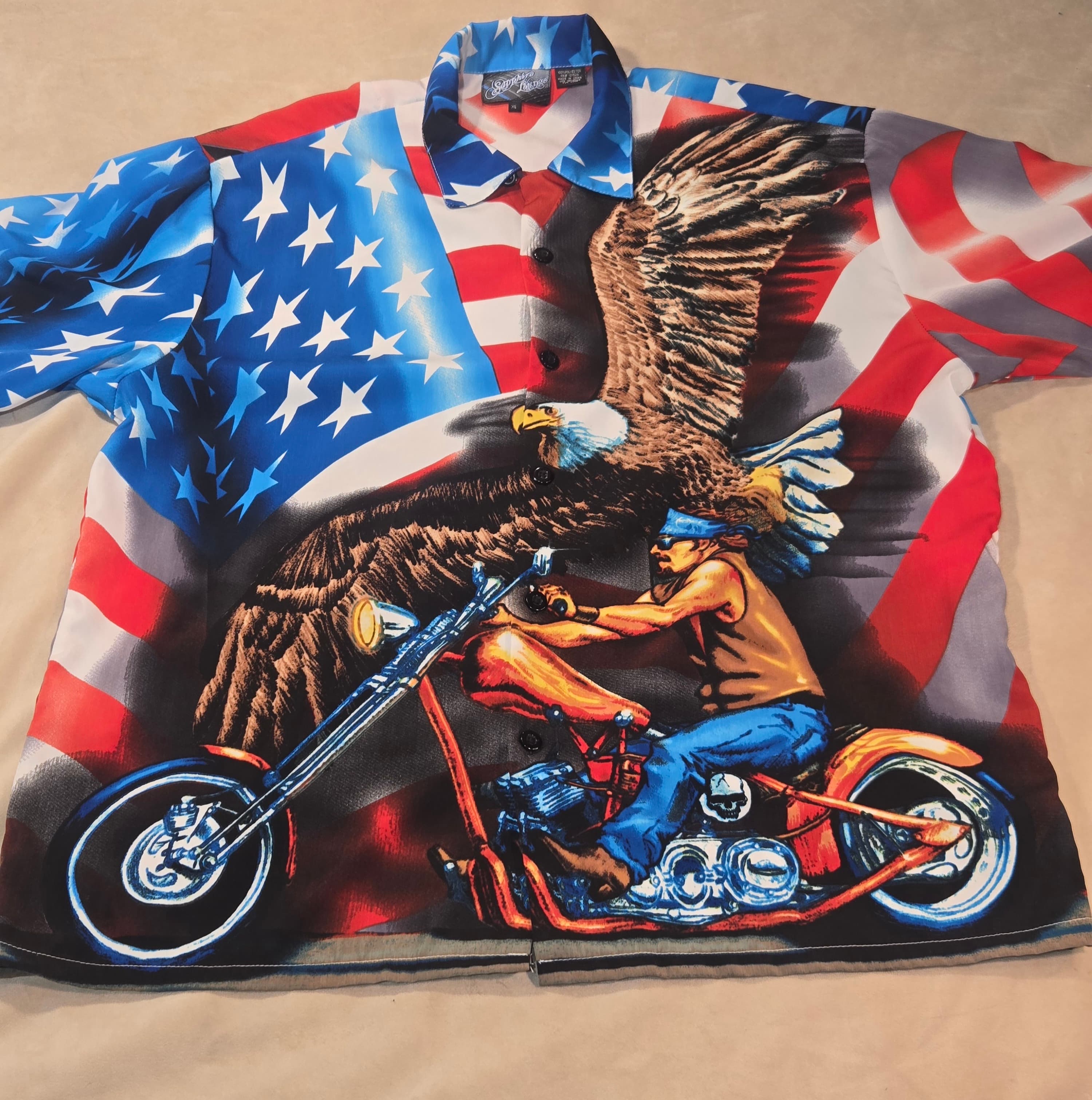Sapphire Lounge XL Patriotic Eagle Motorcycle Shirt Button Up High-Detail Print - Image 1