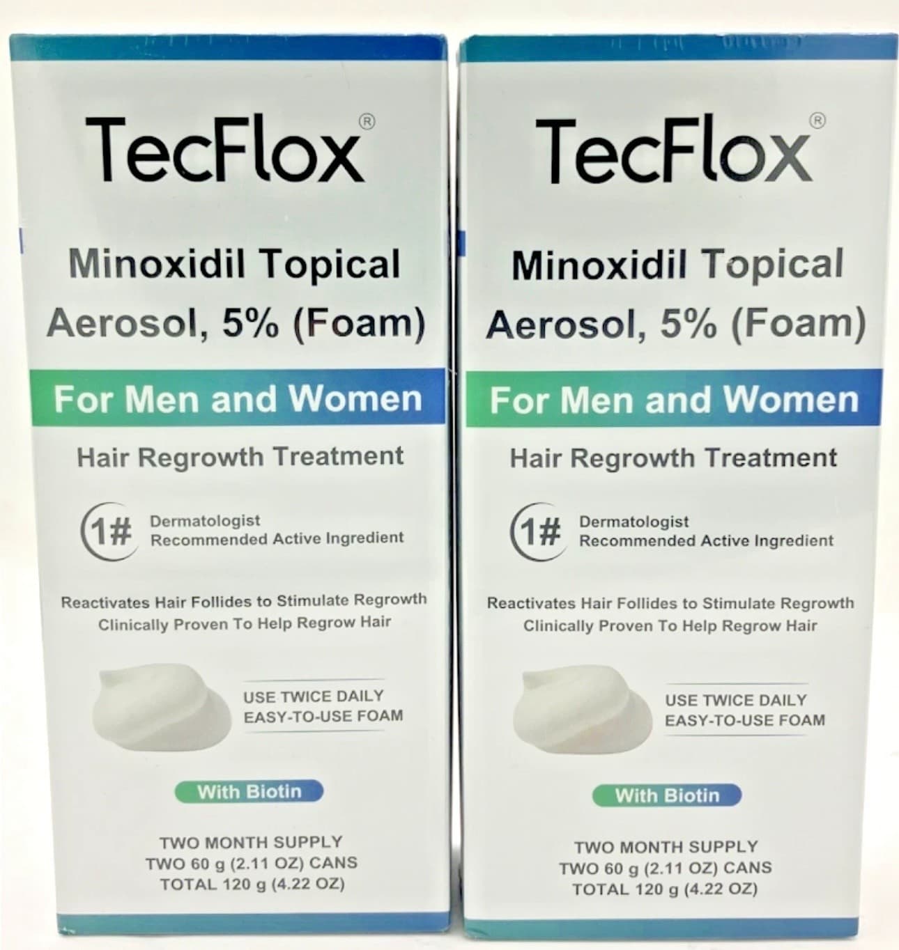 TecFlox Minoxidil 5% Foam Hair Regrowth 2 Pack 4.22 oz Each Exp 08/2026 - Image 1