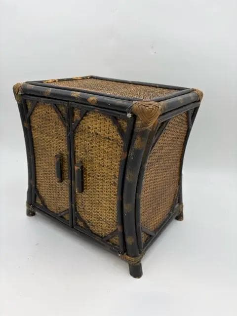 Small Vintage Two Tone Bamboo and Wicker Distressed Storage Cabinet - Thumbnail 2
