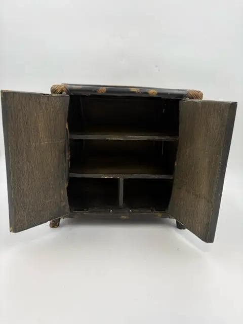 Small Vintage Two Tone Bamboo and Wicker Distressed Storage Cabinet - Thumbnail 3