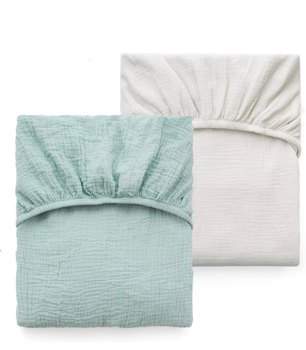 Muslin Crib Fitted Sheets Set of 2 - White and Mint - Image 1