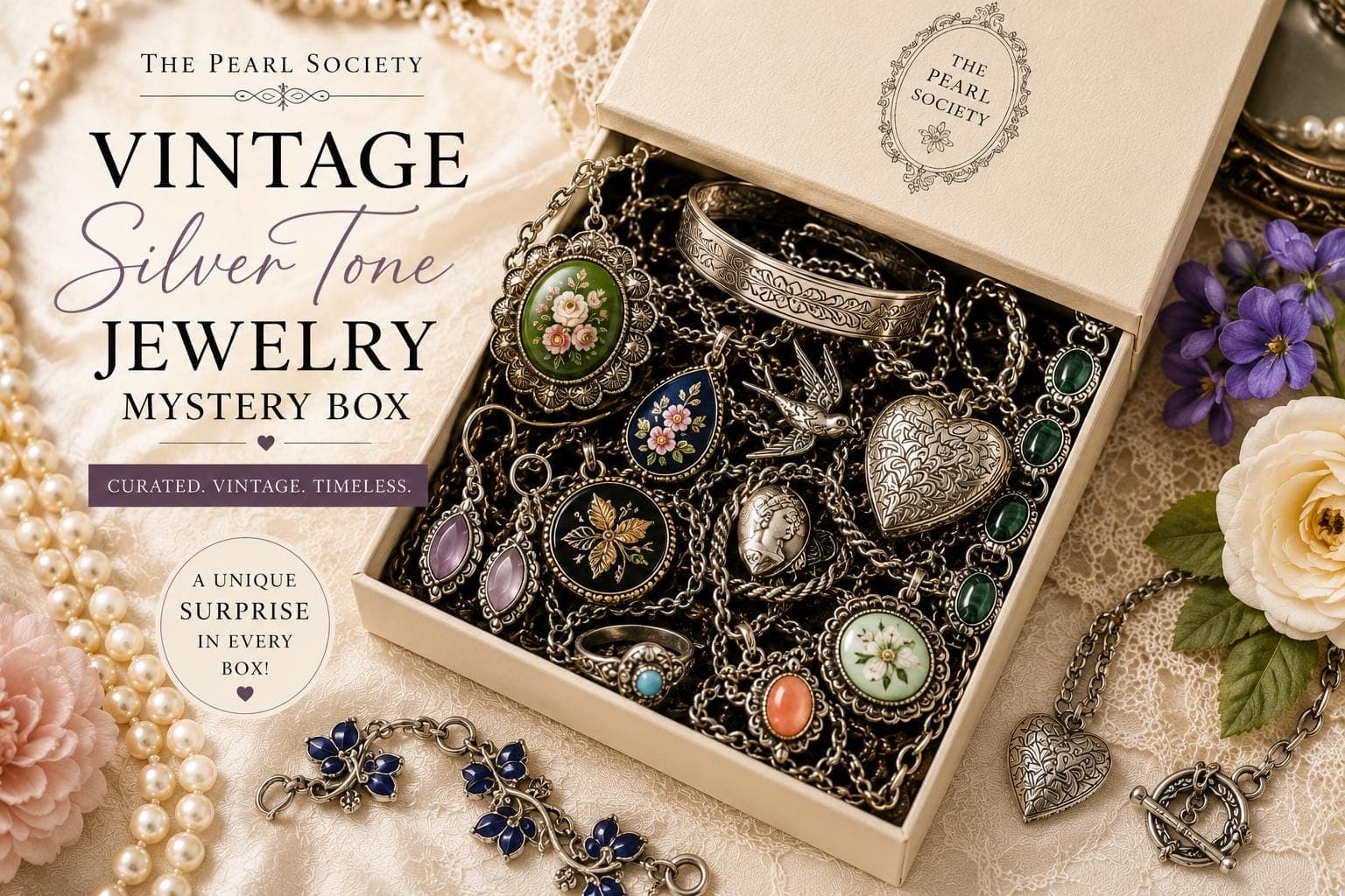 Vintage Silver Tone Jewelry Mystery Box | Curated Surprise Collection | Gift for Her