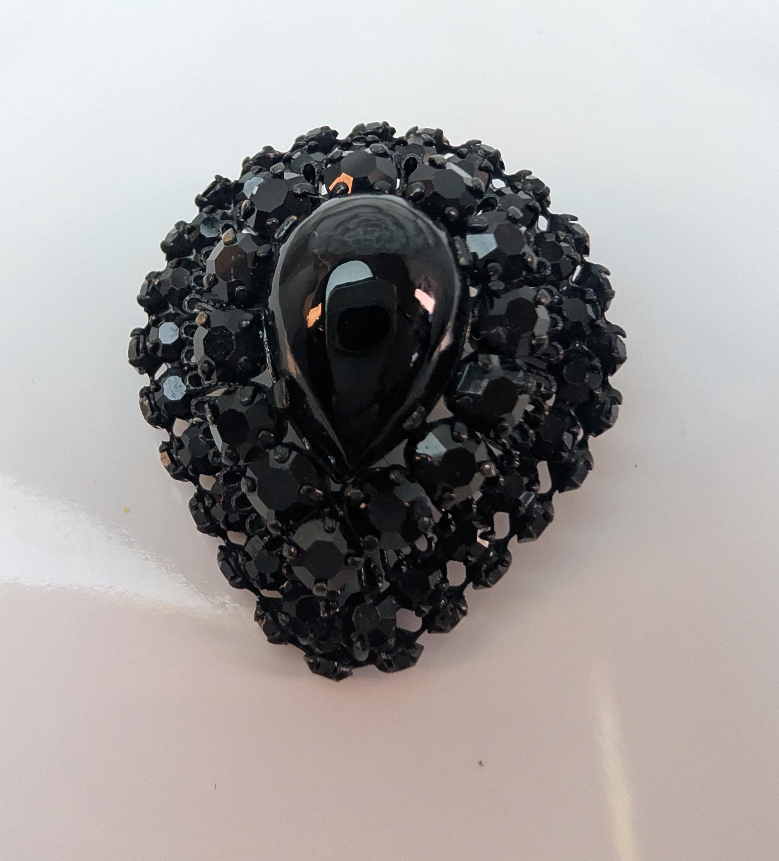 Signed Austria Black Jet Rhinestone Brooch Pendant, Gothic Mourning Jewelry, Japanned Pear Cabochon Pin - Thumbnail 2