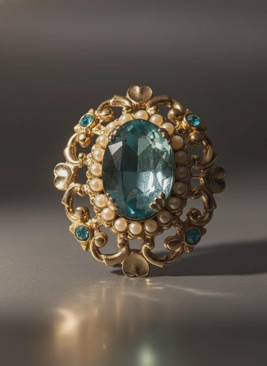 Signed Coro Mid-Century Brooch: Gold Tone Filigree Aqua Blue Rhinestone Faux Pearl Statement Pin