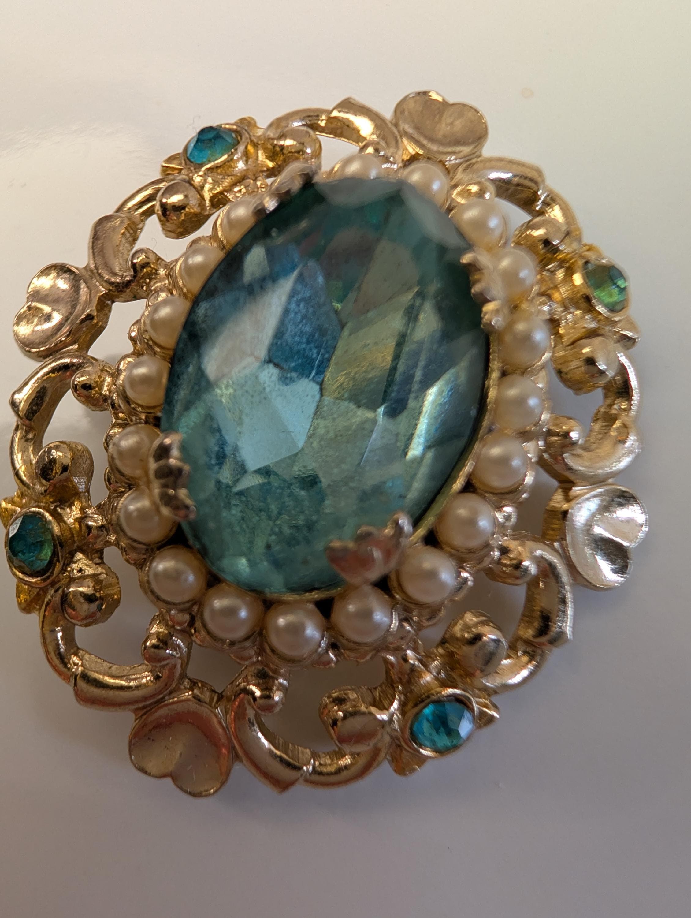 Signed Coro Mid-Century Brooch: Gold Tone Filigree Aqua Blue Rhinestone Faux Pearl Statement Pin - Thumbnail 6