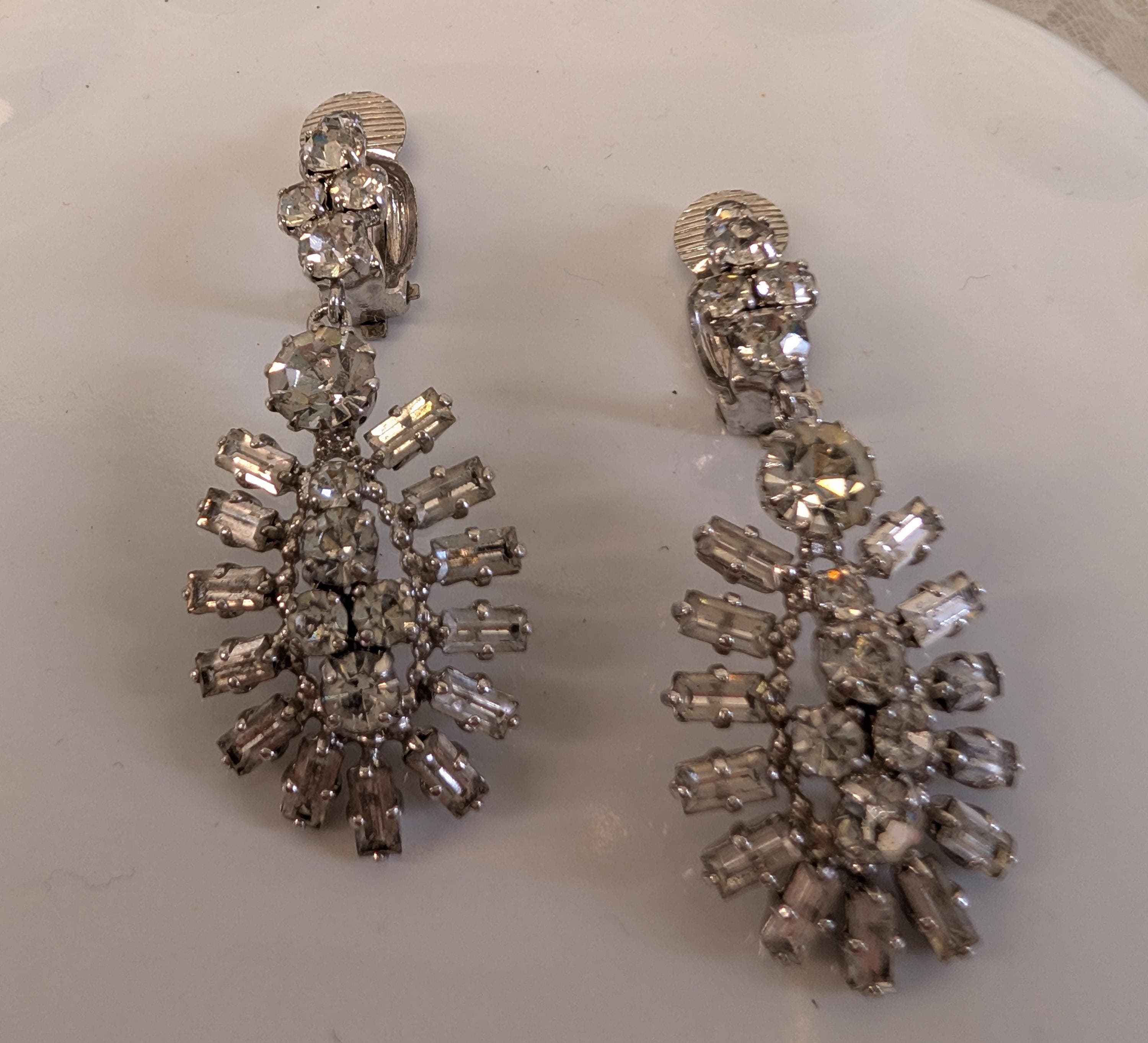 Vintage Rhinestone Statement Drop Earrings Silver Tone Clip-On Art Deco Glam Bridal