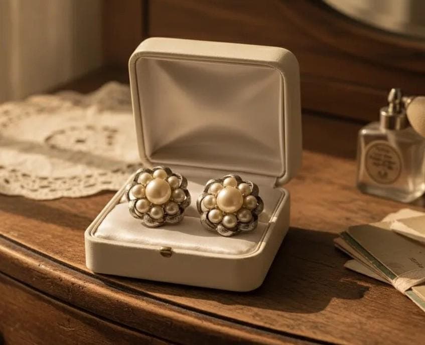 Vintage Faux Pearl Floral Cluster Clip On Earrings, Silver Tone Mid Century (PAT PEND)
