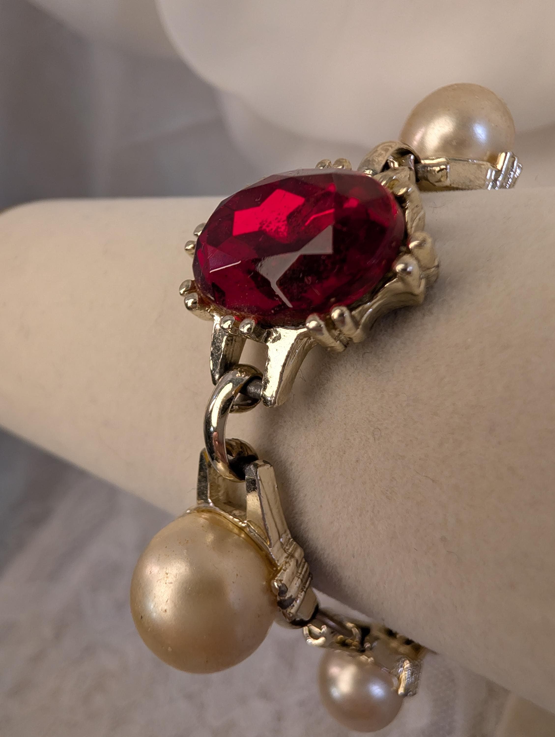 Vintage Faux Pearl Ruby Glass Bracelet Gold Tone Link Bridal Statement Jewelry