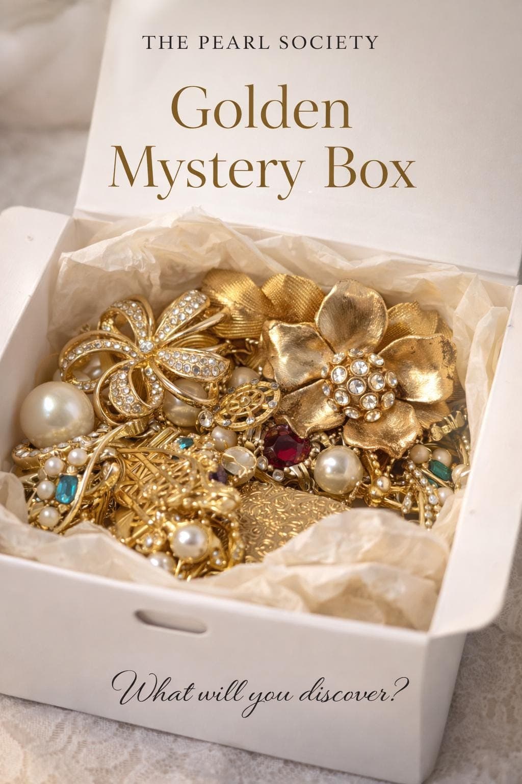 Vintage Gold Tone Jewelry Mystery Box: Pearl, Rhinestone Accents Gift