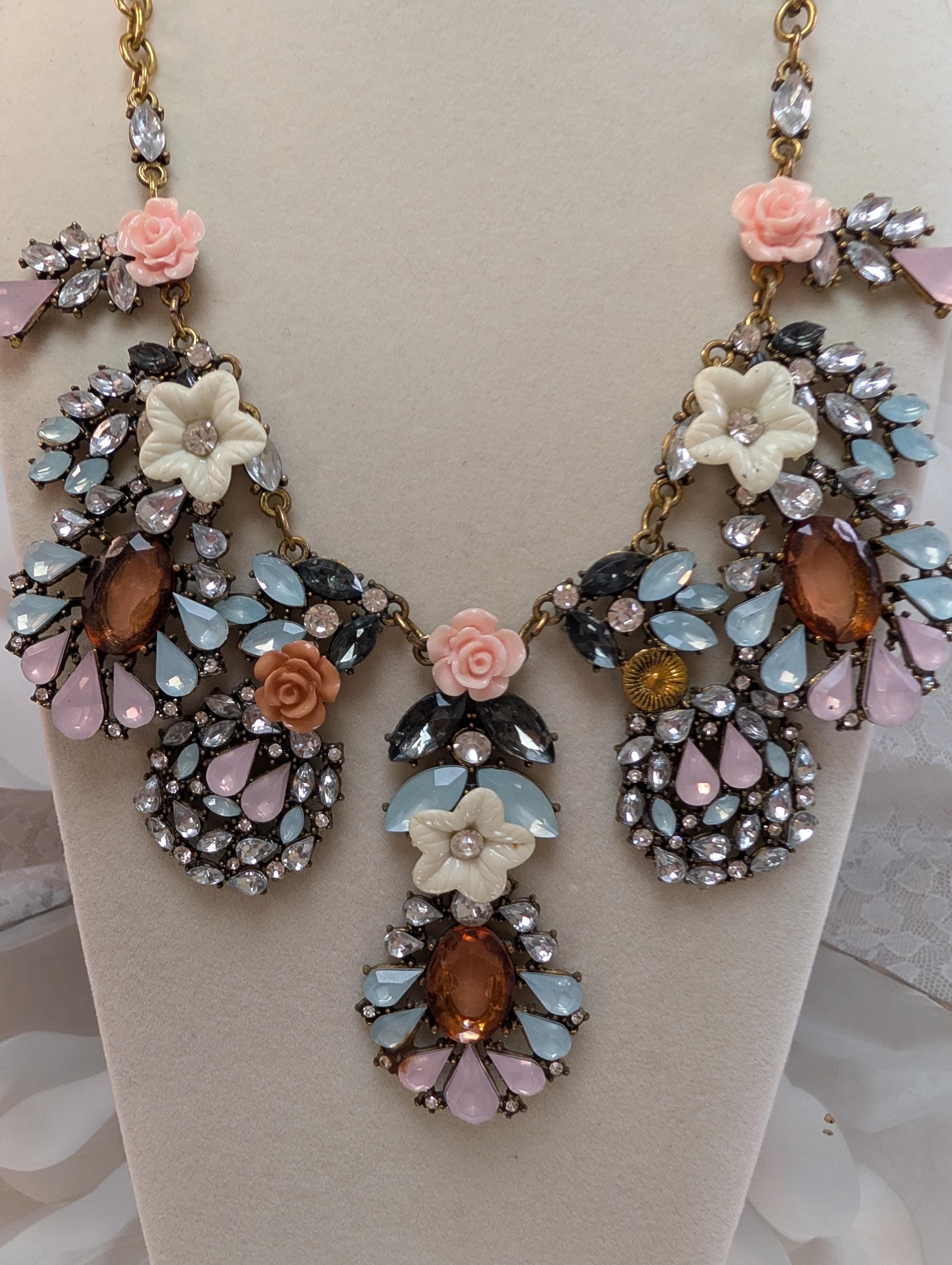 Vintage Floral Rhinestone Statement Necklace: Pastel Pink Blue Bib Cottagecore Jewelry