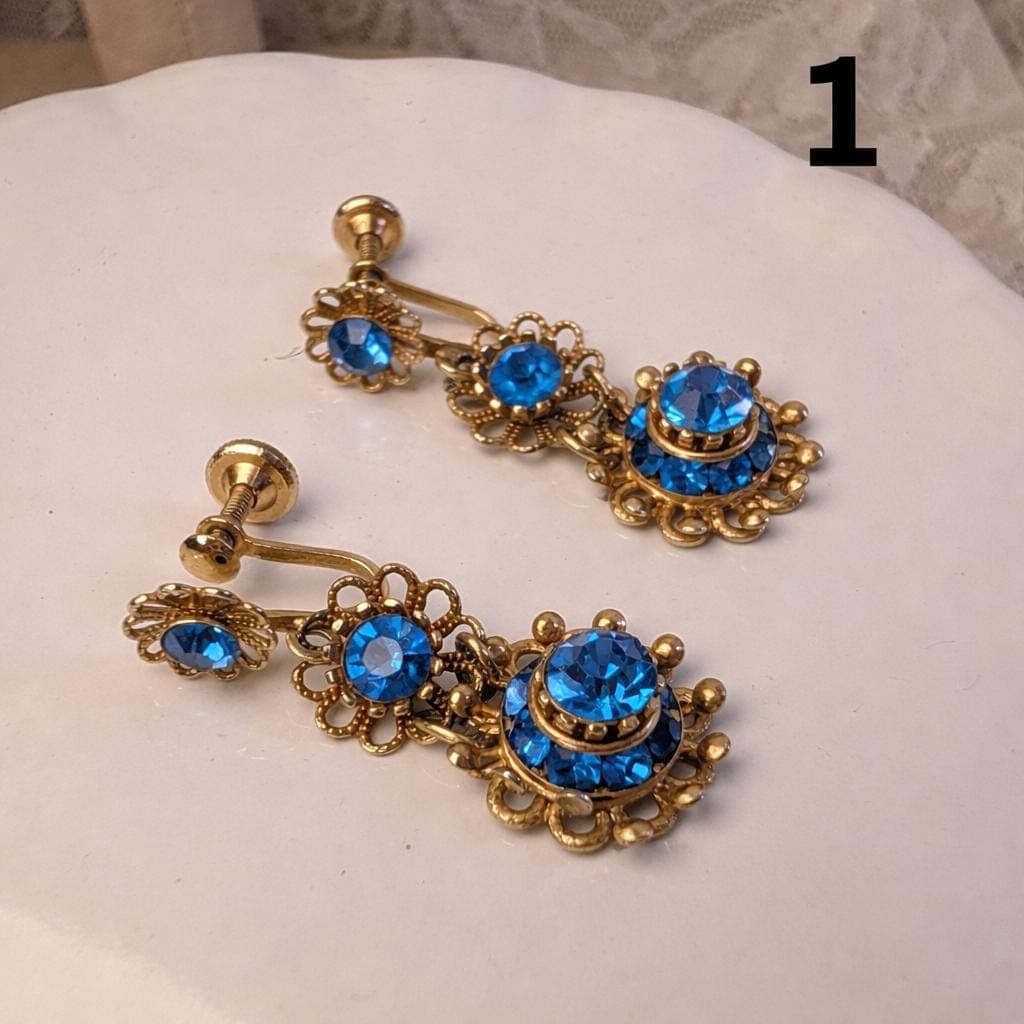 Vintage Earrings Choice – Blue Rhinestone, Floral Cabochon, Garnet Cluster, Crescent Glass - Thumbnail 2