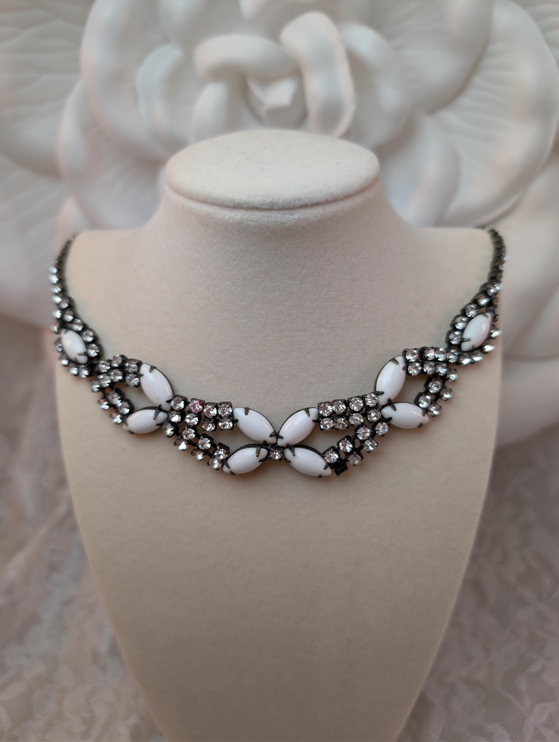 Vintage Black & White Jewelry Trio – 2 Necklaces + Clip-On Earrings – Rhinestone Repair Lot - Thumbnail 2