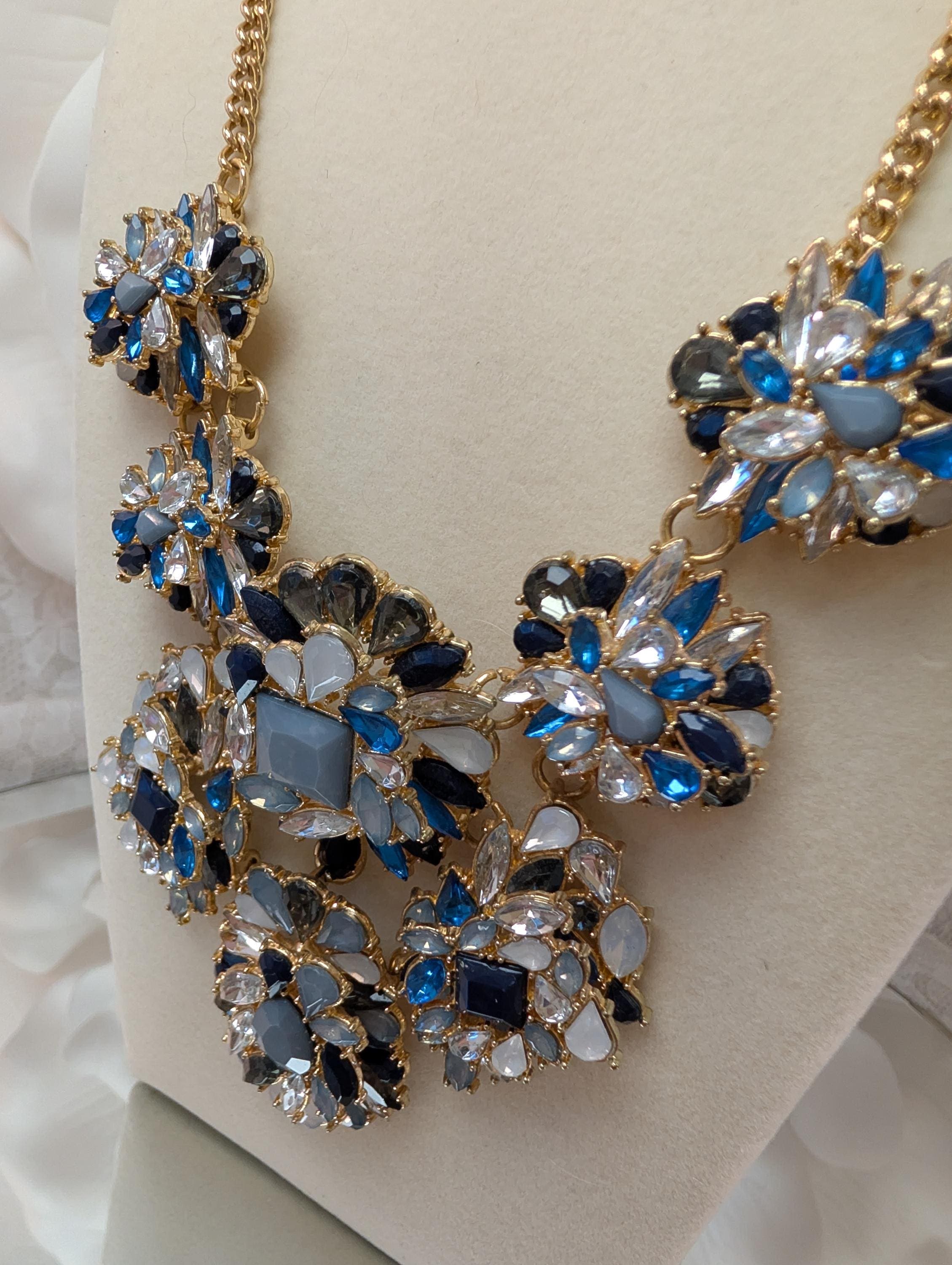 Vintage Cobalt Blue Rhinestone Statement Necklace, Gold Tone Floral Bib Glam Evening Jewelry - Thumbnail 3