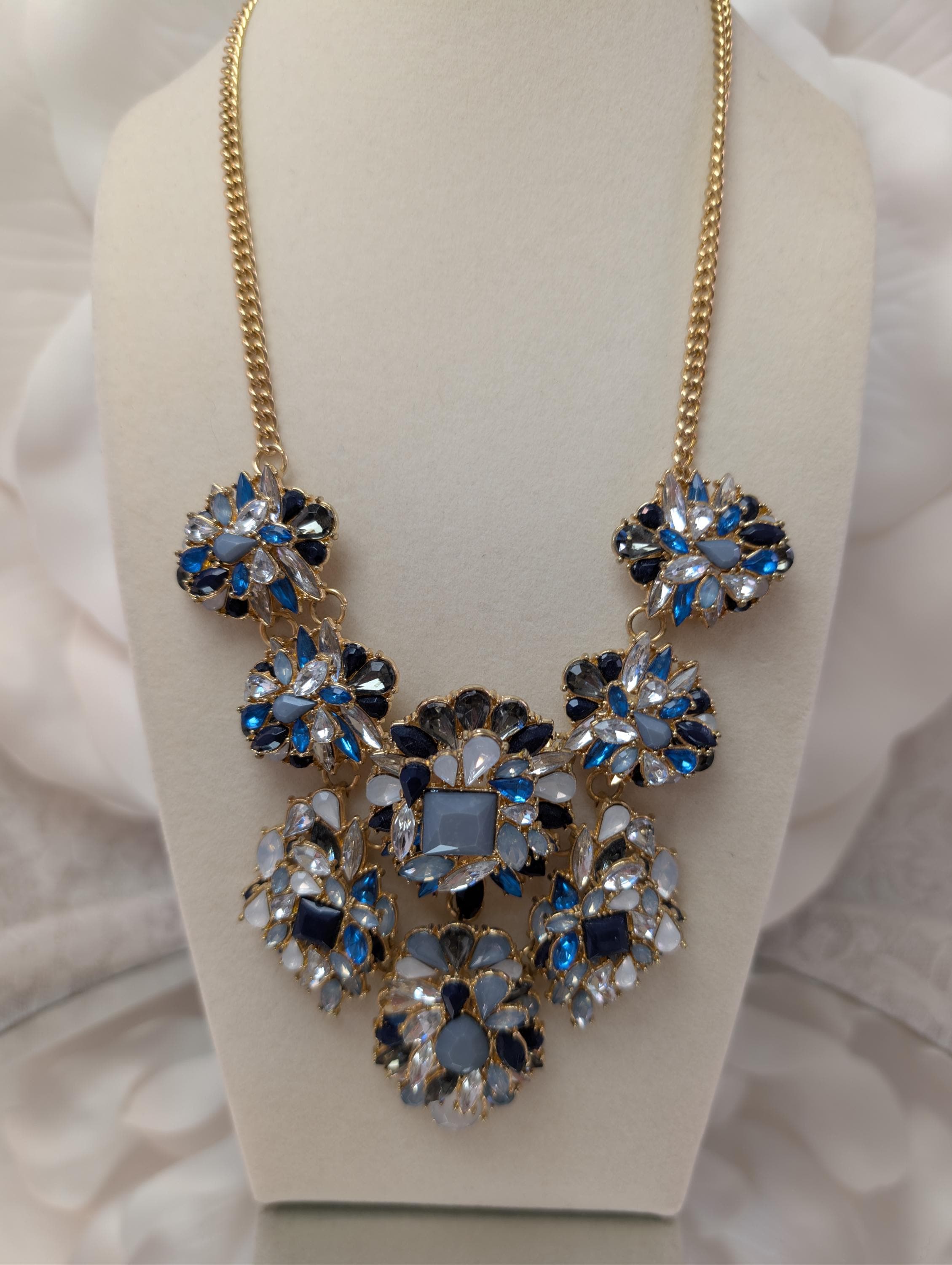 Vintage Cobalt Blue Rhinestone Statement Necklace, Gold Tone Floral Bib Glam Evening Jewelry