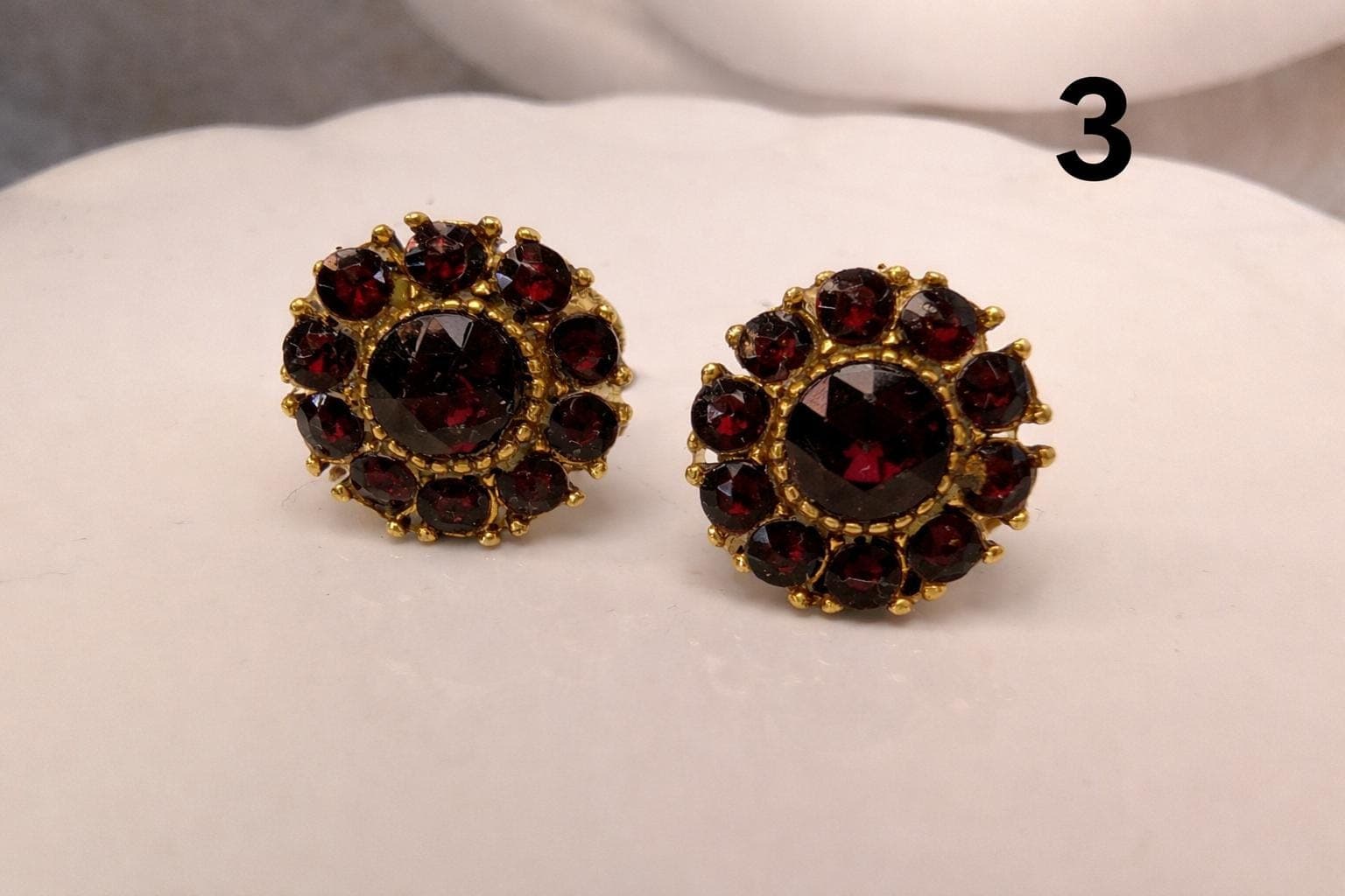Vintage Earrings Choice – Blue Rhinestone, Floral Cabochon, Garnet Cluster, Crescent Glass - Thumbnail 4