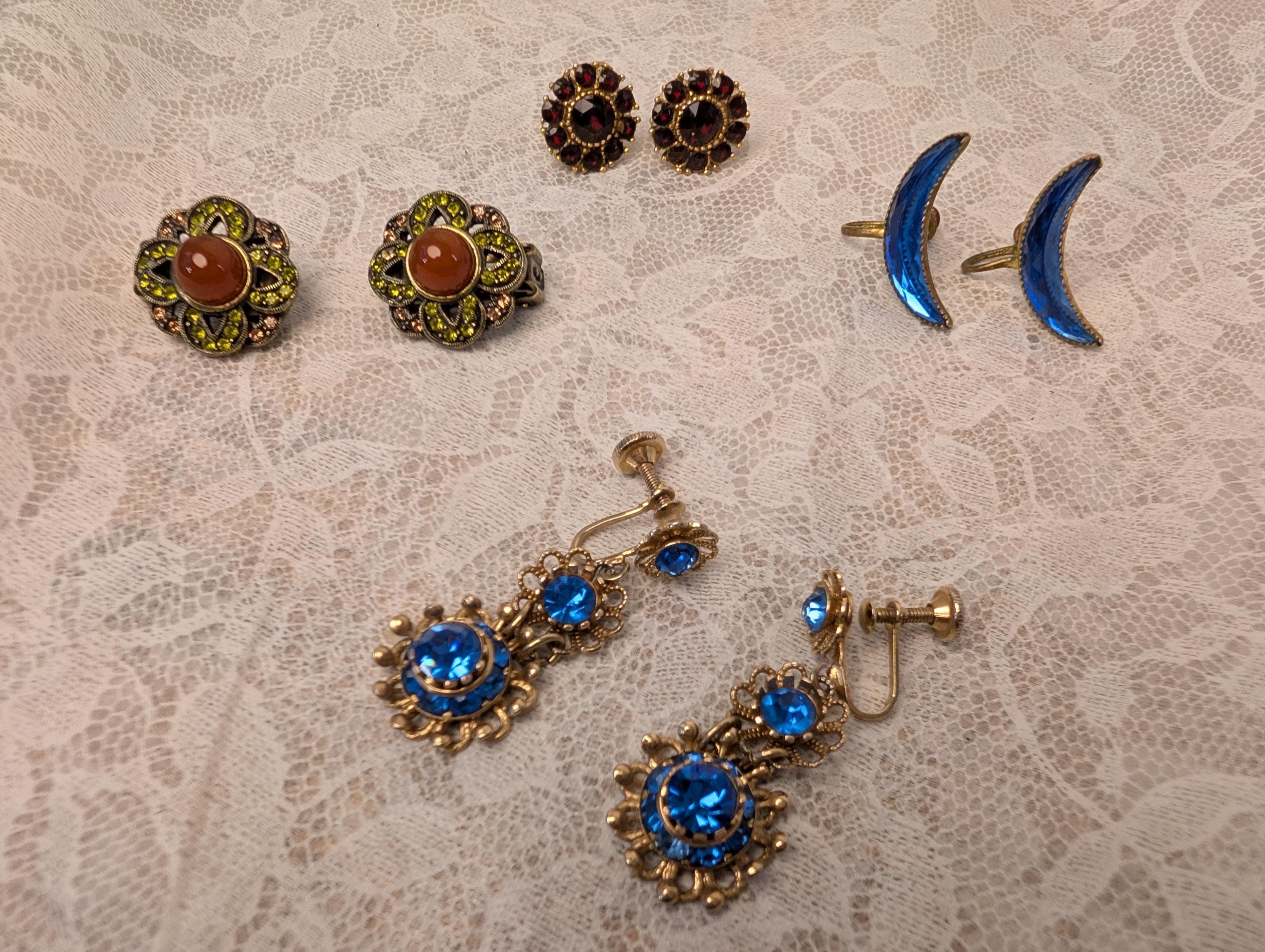 Vintage Earrings Choice – Blue Rhinestone, Floral Cabochon, Garnet Cluster, Crescent Glass