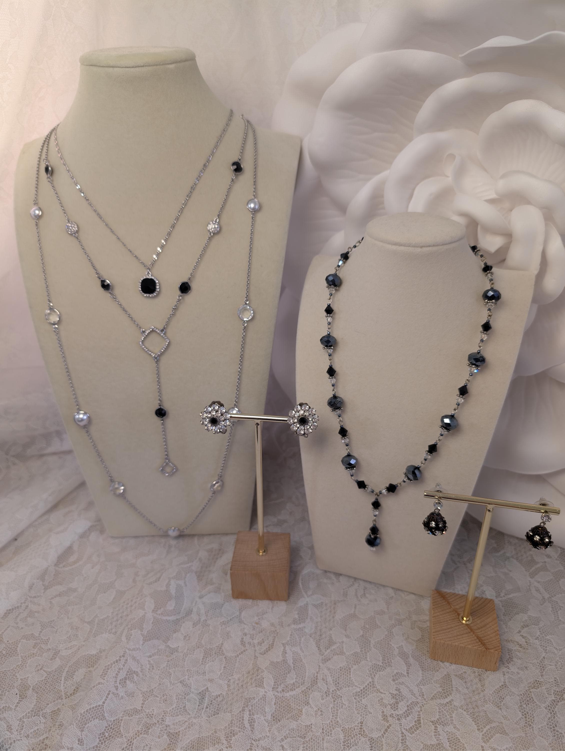 Vintage Black Silver Jewelry Collection – Statement Necklaces, Rhinestone Earrings, Pearl Chain
