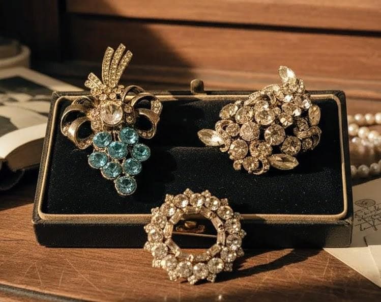 Vintage Rhinestone Brooch Trio, Blue Grape, Wreath, Silver-Tone Cluster Pins