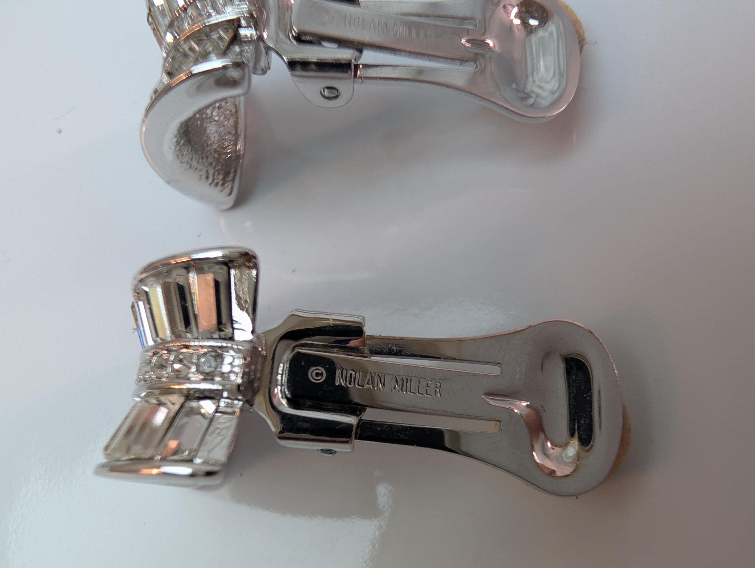 Signed Nolan Miller Silver Tone Baguette Rhinestone Clip Earrings – Art Deco Glam Statement - Thumbnail 3