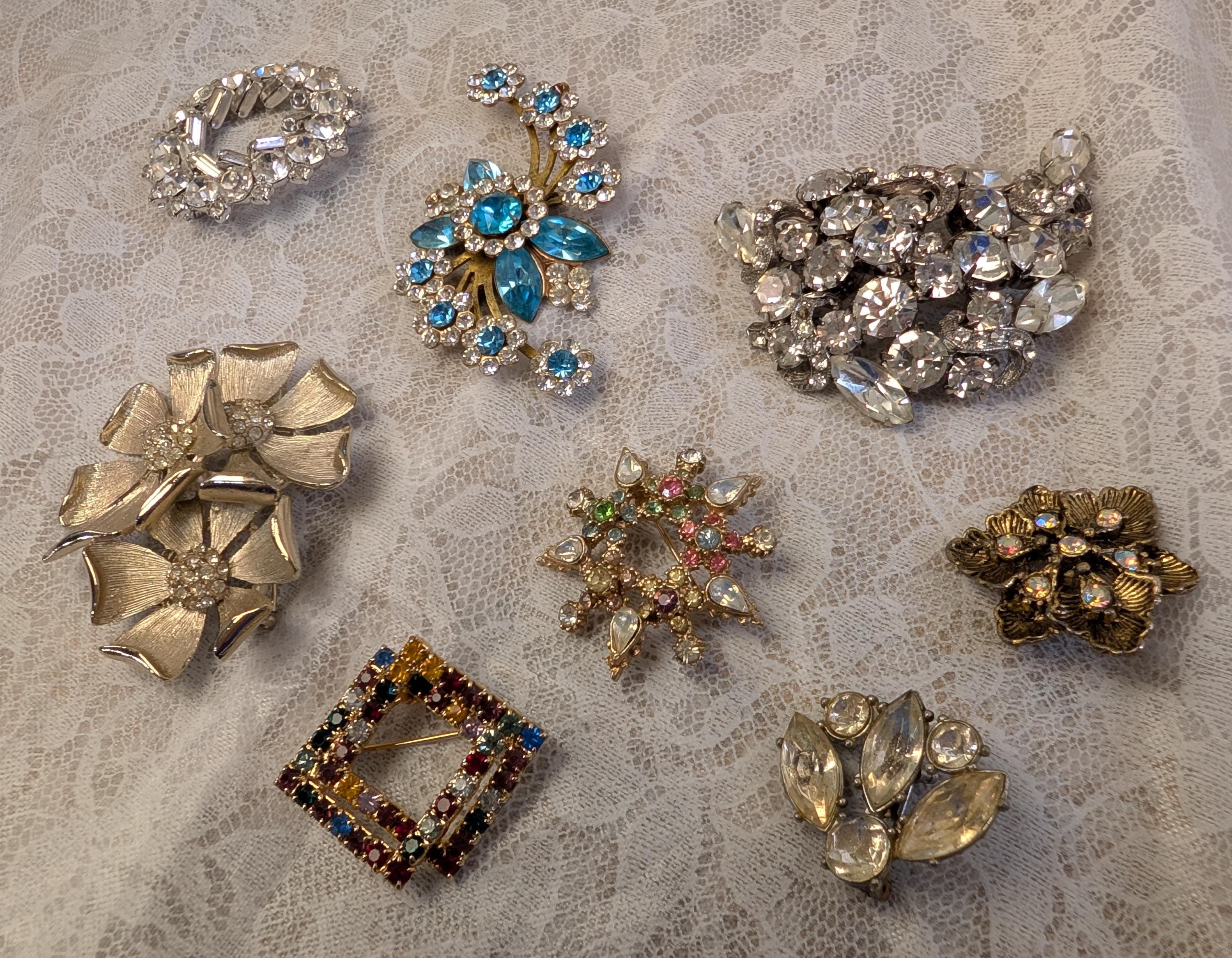 Vintage Brooch Collection – Choose Your Piece – Rhinestone Floral Wreath Starburst Mid Century Pins
