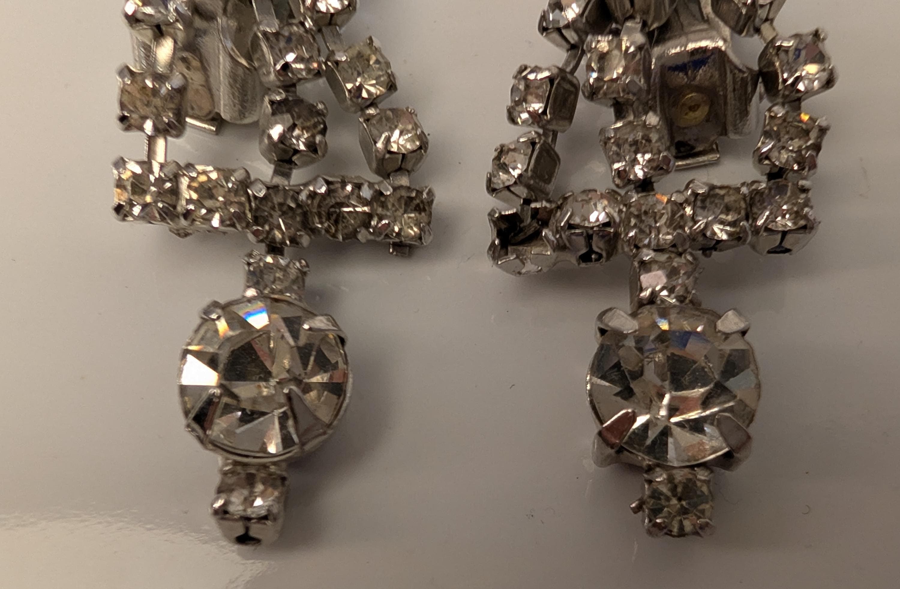 Vintage Rhinestone Drop Earrings Silver Tone Clip-On Dangle Bridal Statement Jewelry - Thumbnail 5