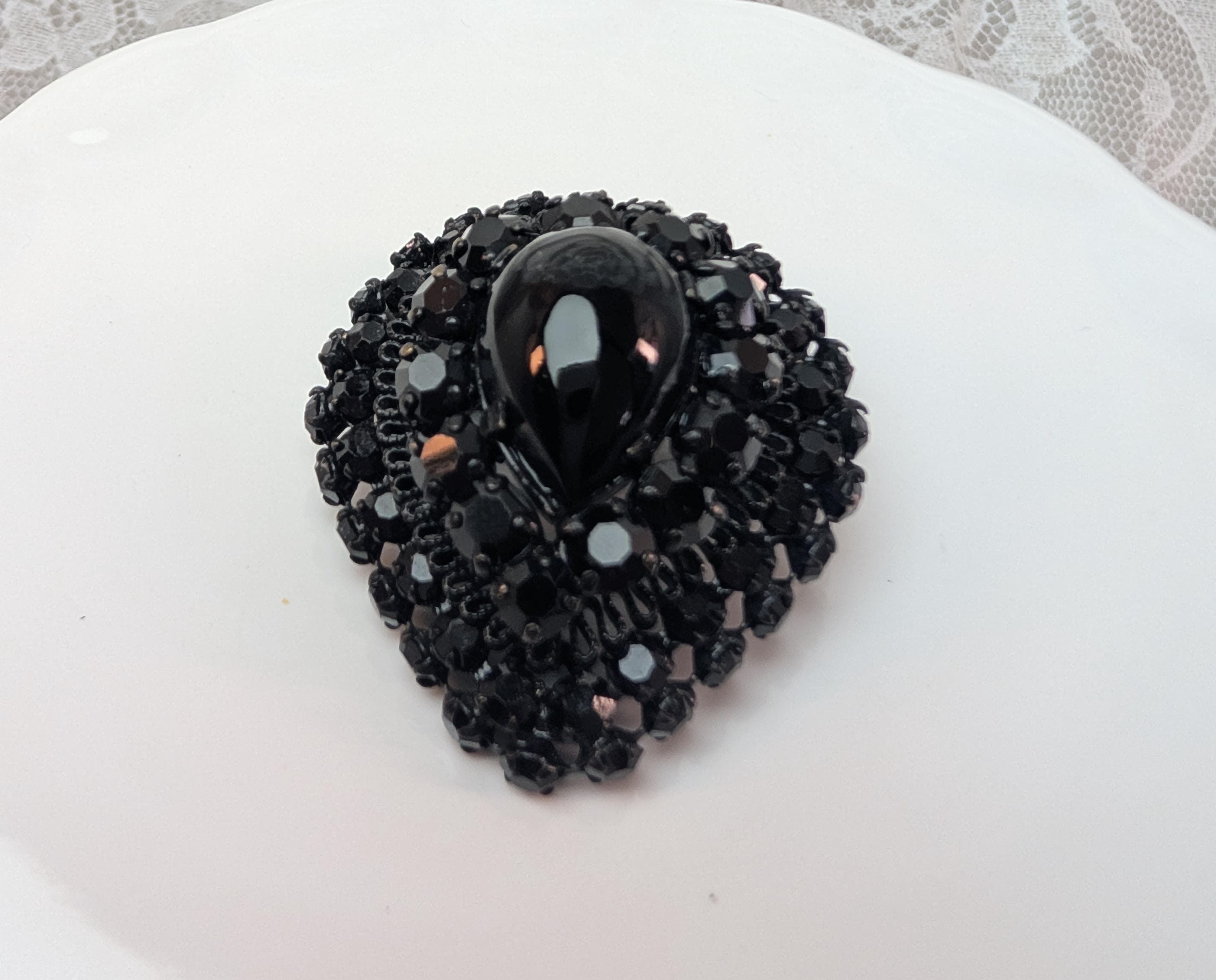 Signed Austria Black Jet Rhinestone Brooch Pendant, Gothic Mourning Jewelry, Japanned Pear Cabochon Pin