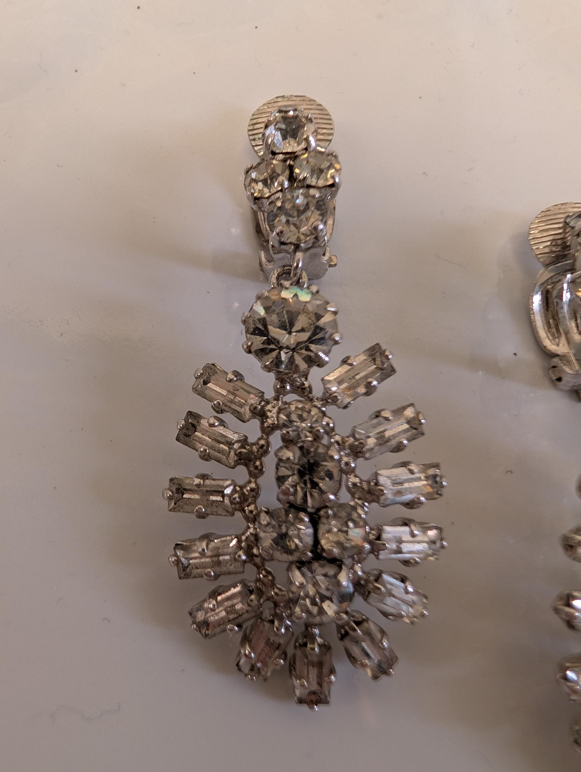 Vintage Rhinestone Statement Drop Earrings Silver Tone Clip-On Art Deco Glam Bridal - Thumbnail 2
