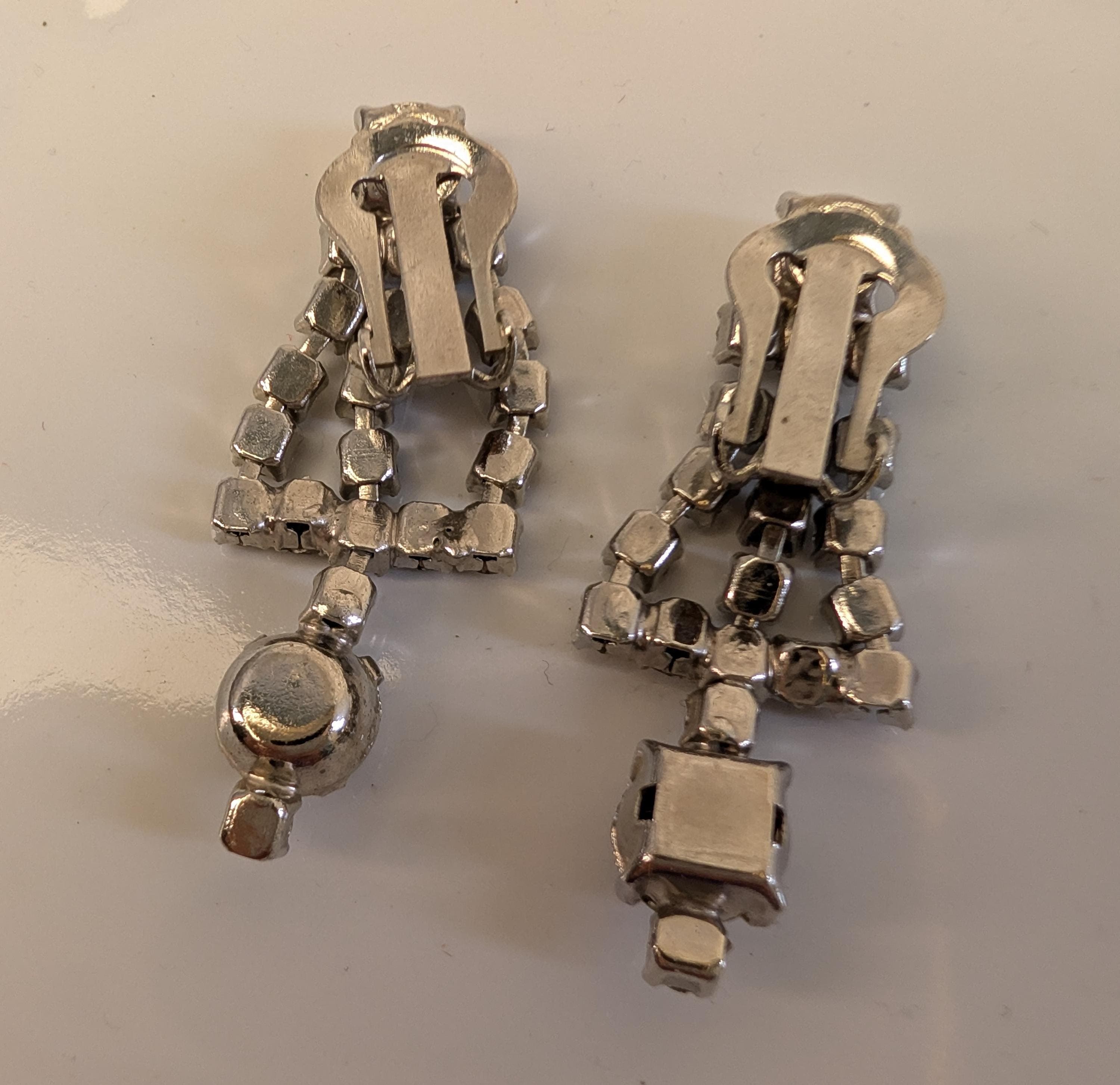 Vintage Rhinestone Drop Earrings Silver Tone Clip-On Dangle Bridal Statement Jewelry - Thumbnail 4