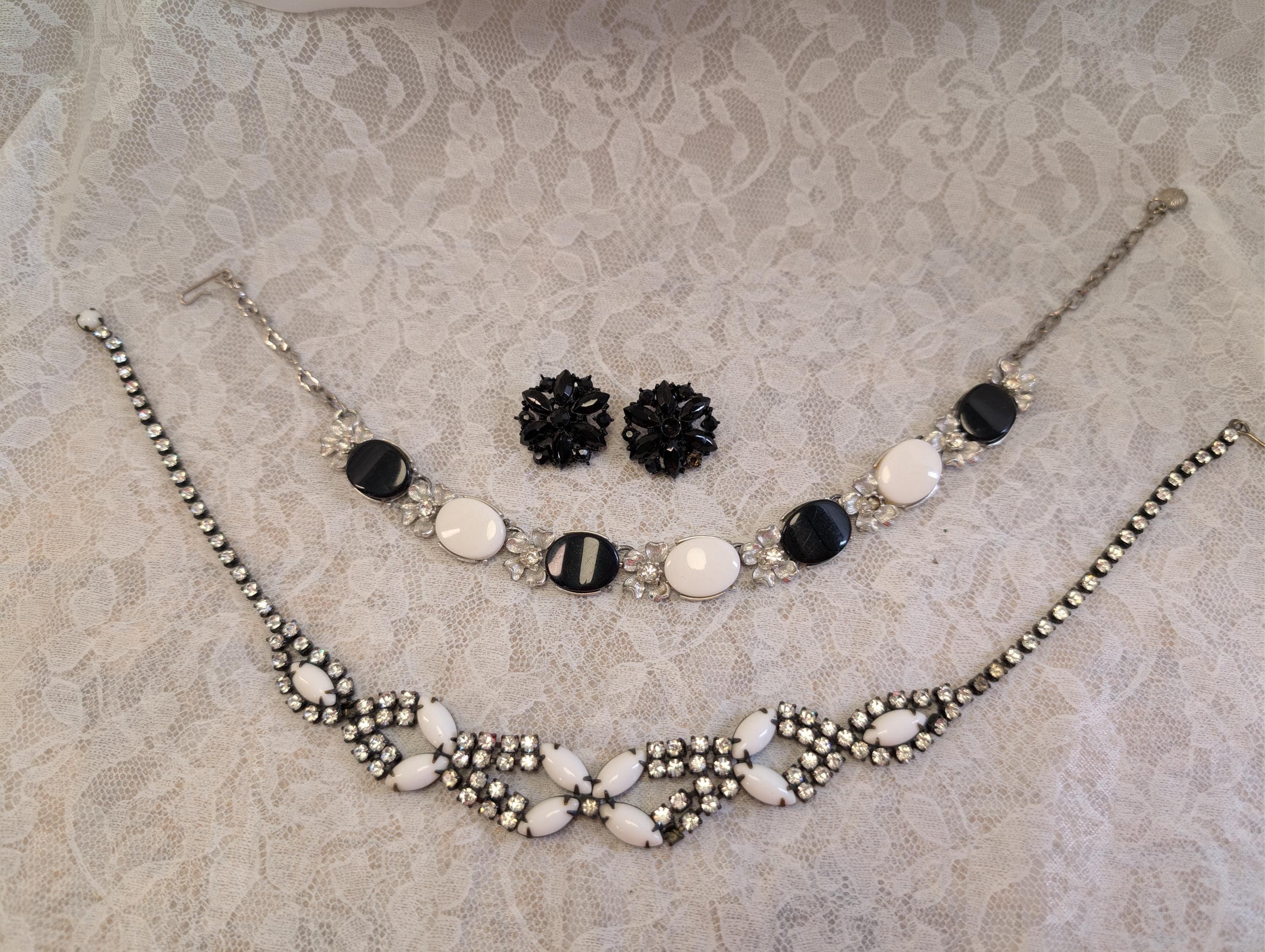 Vintage Black & White Jewelry Trio – 2 Necklaces + Clip-On Earrings – Rhinestone Repair Lot