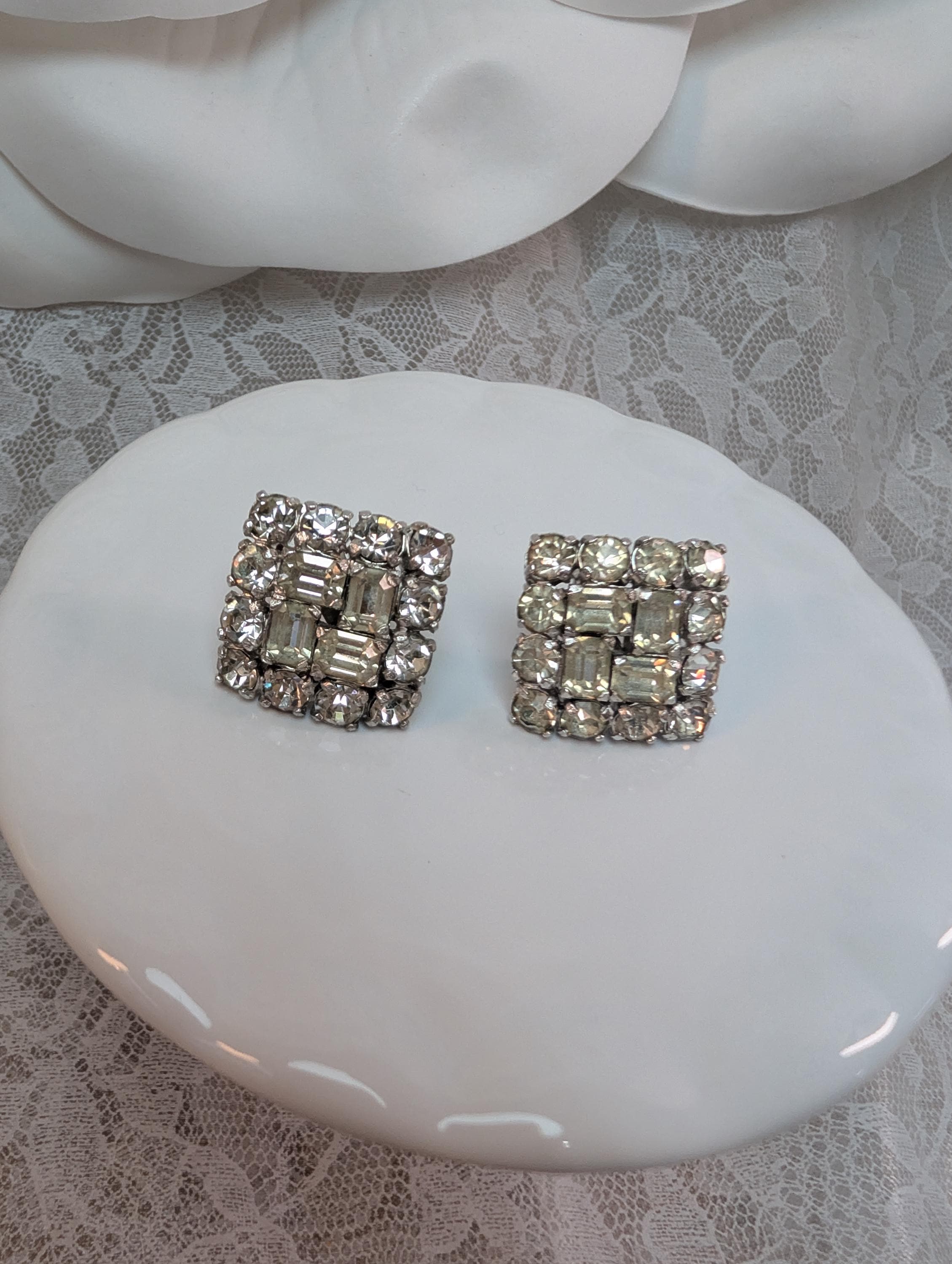 Signed Eisenberg Script E Vintage Rhinestone Earrings, Square Cluster Bridal Glam - Thumbnail 8