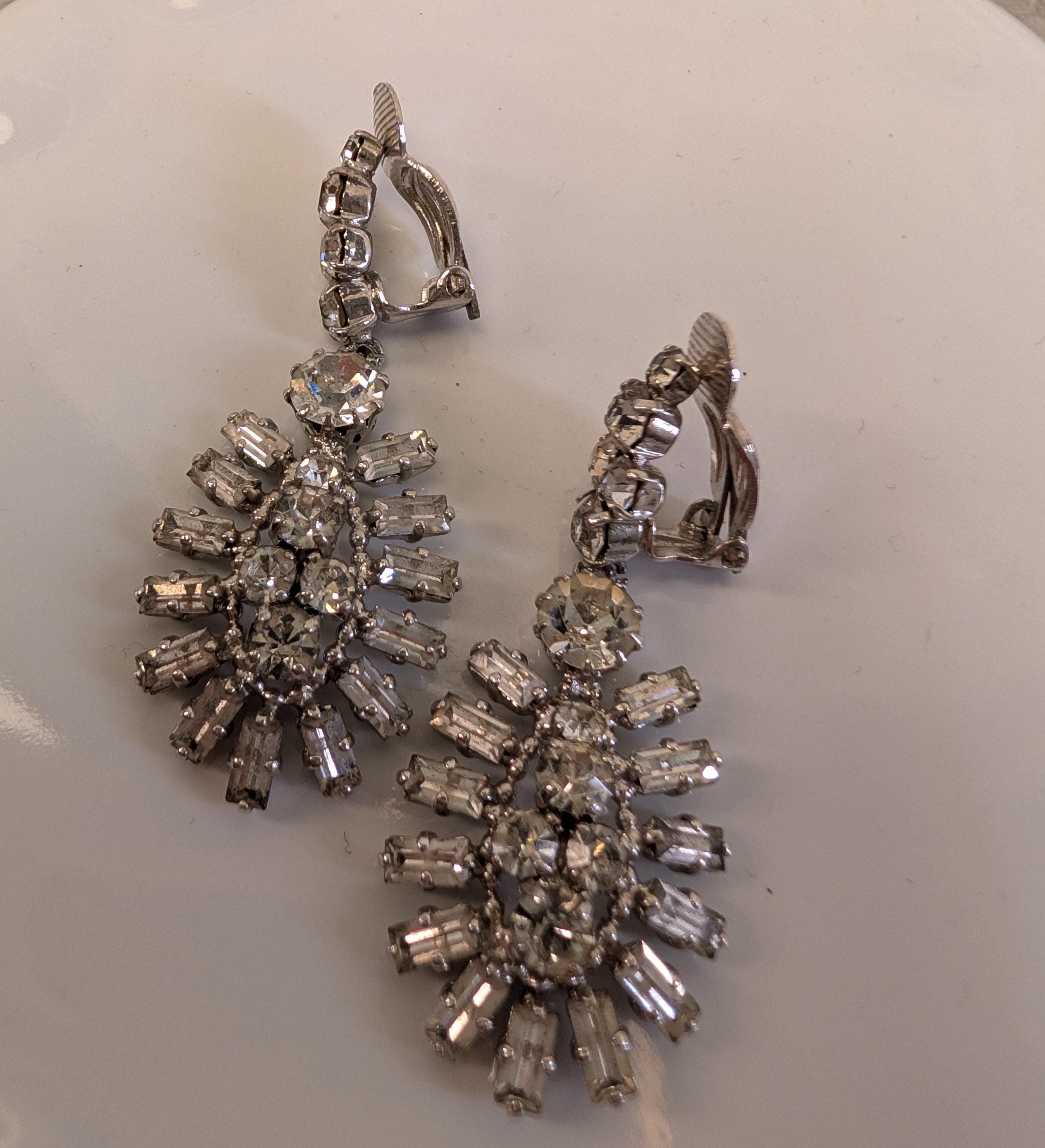 Vintage Rhinestone Statement Drop Earrings Silver Tone Clip-On Art Deco Glam Bridal - Thumbnail 5
