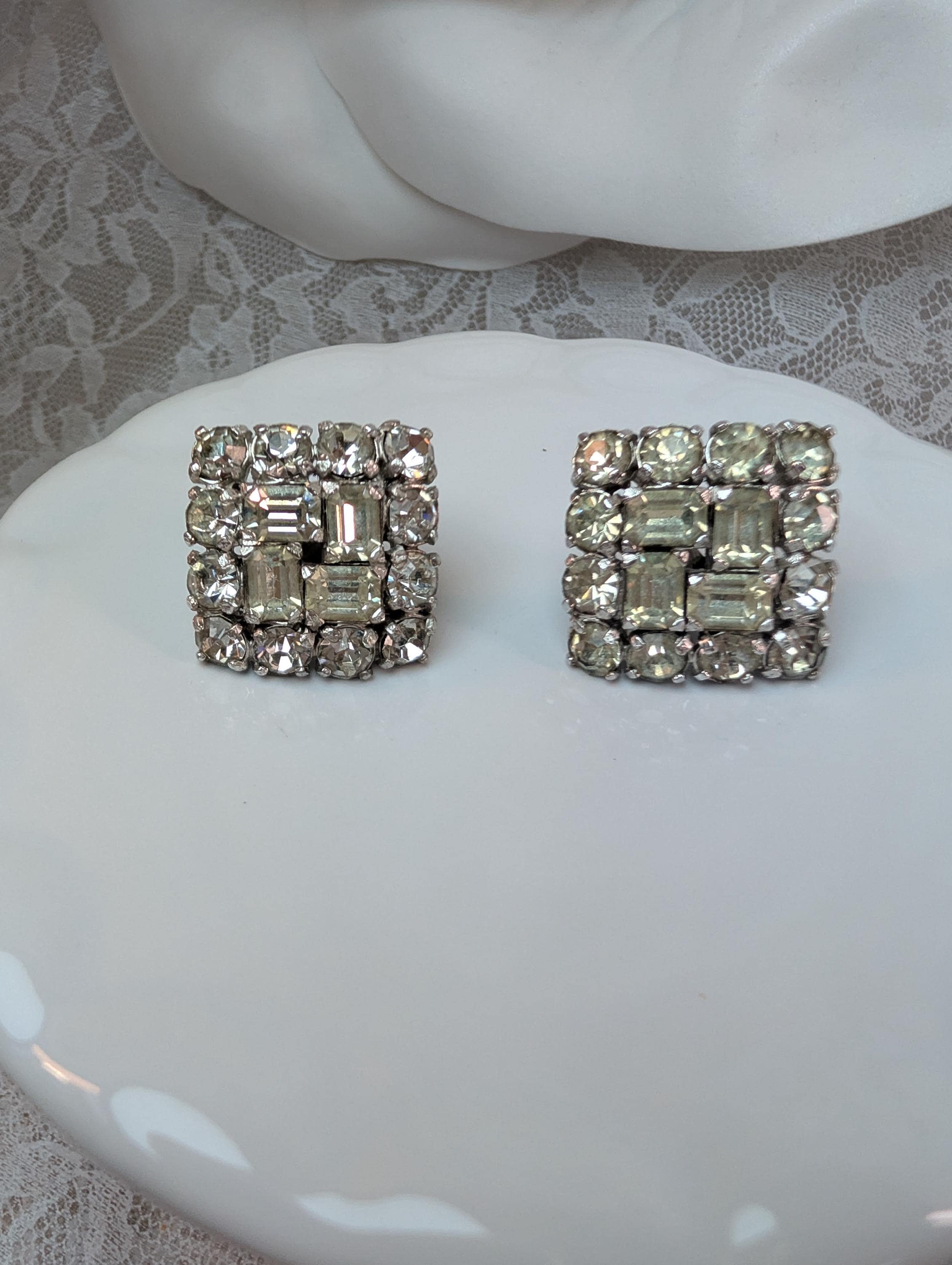 Signed Eisenberg Script E Vintage Rhinestone Earrings, Square Cluster Bridal Glam