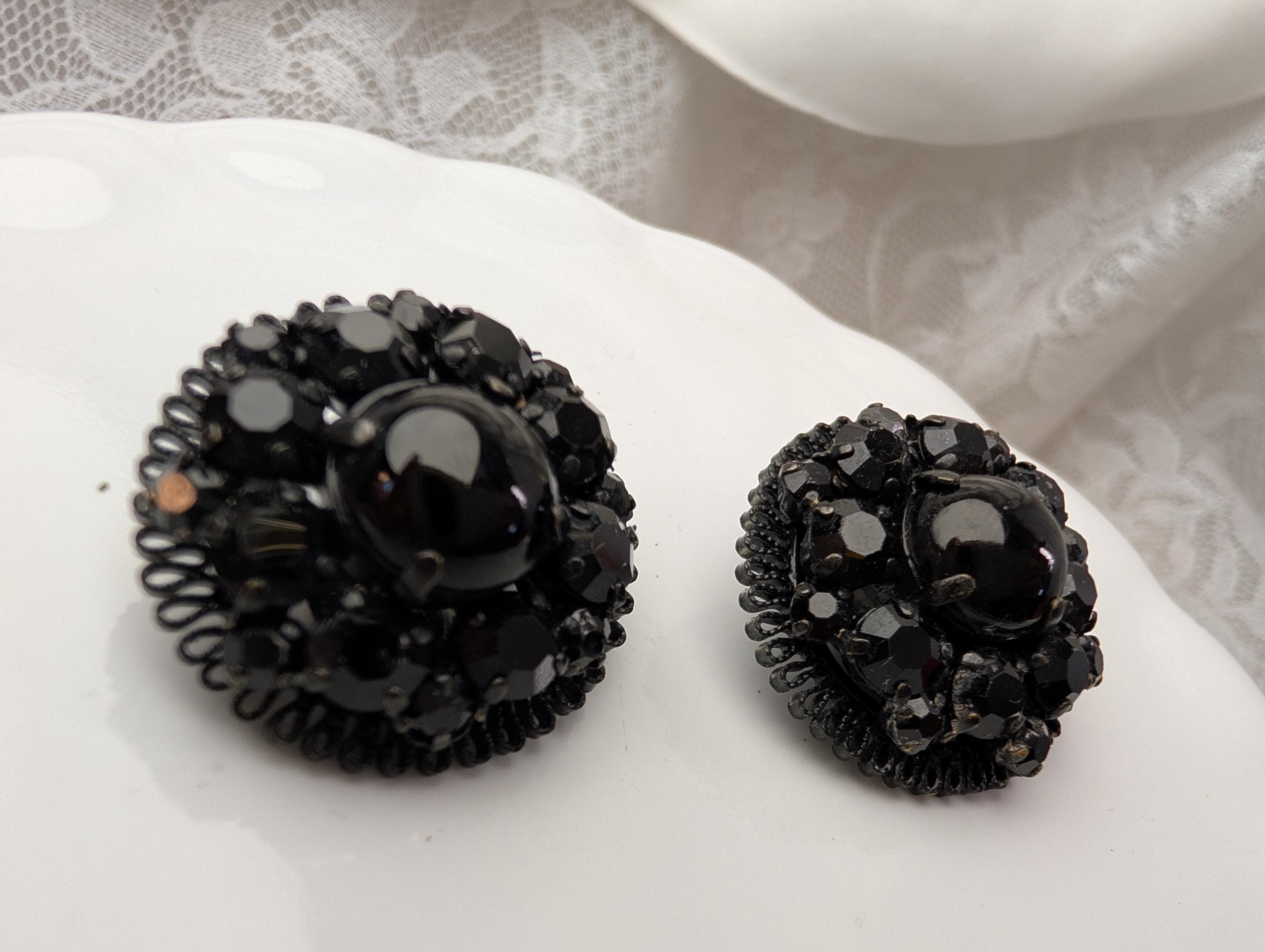 Vintage Japanned Metal Black Glass Cluster Earrings, Mid Century Gothic Statement - Thumbnail 2