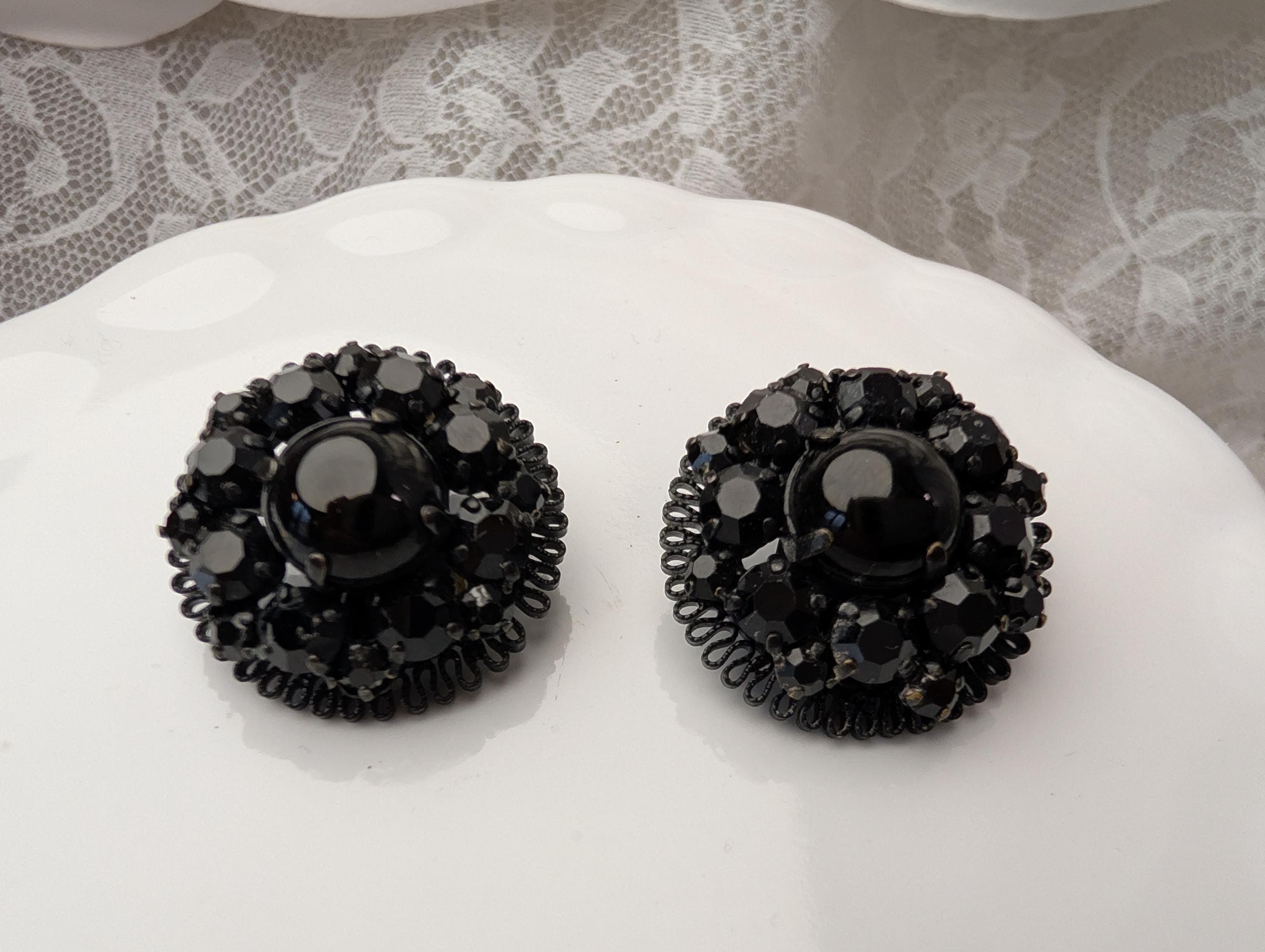 Vintage Japanned Metal Black Glass Cluster Earrings, Mid Century Gothic Statement