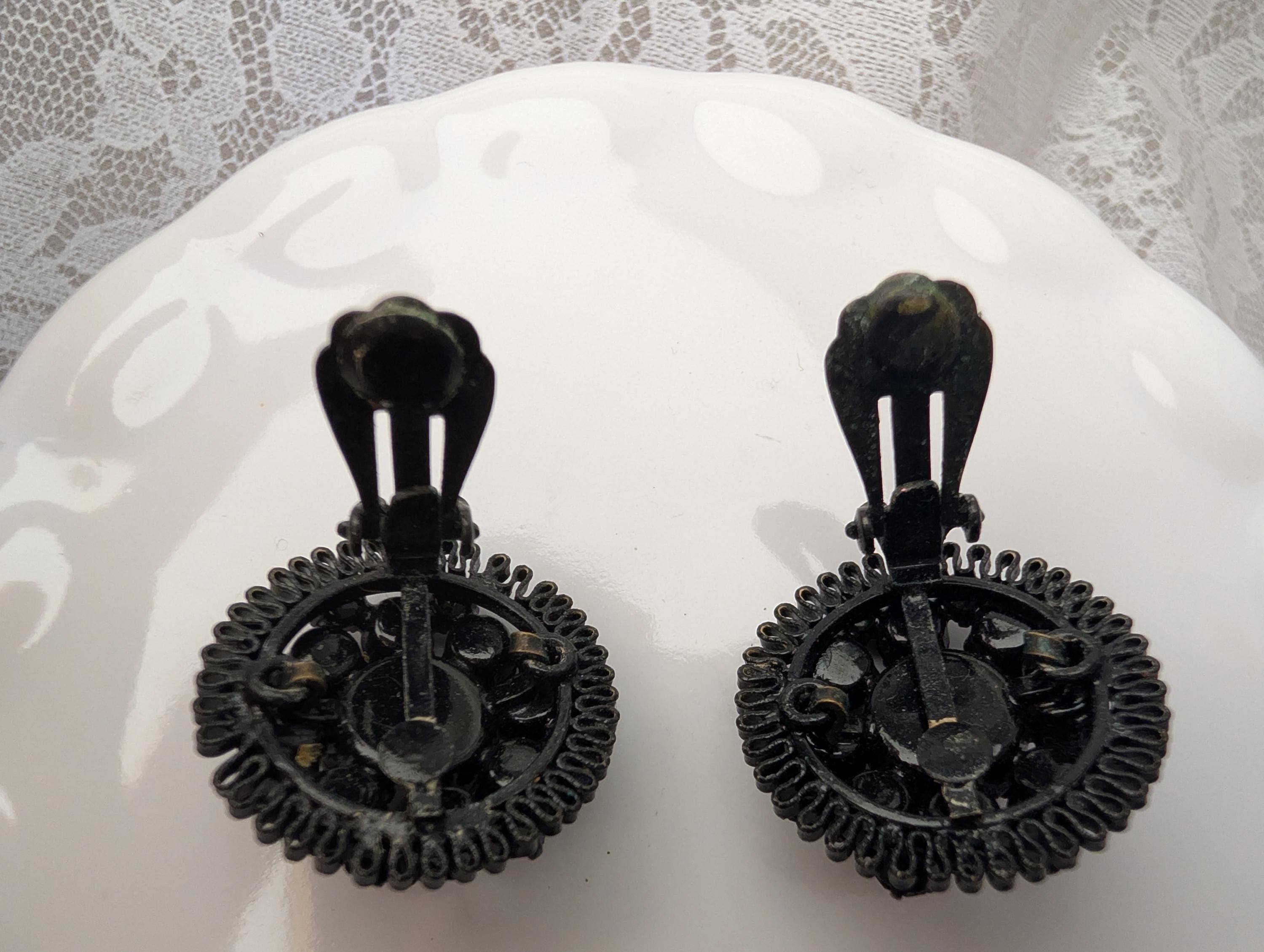 Vintage Japanned Metal Black Glass Cluster Earrings, Mid Century Gothic Statement - Thumbnail 5