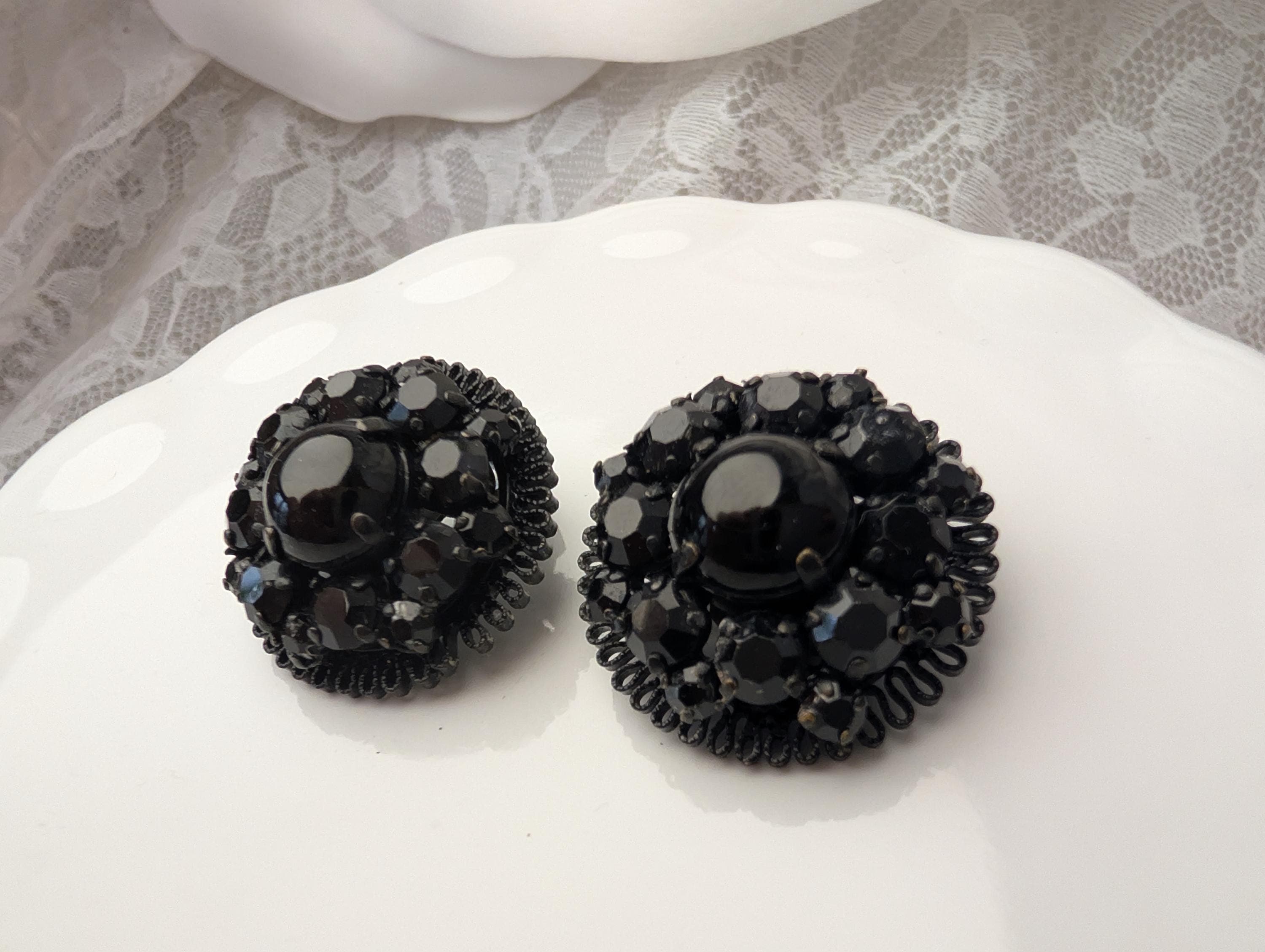 Vintage Japanned Metal Black Glass Cluster Earrings, Mid Century Gothic Statement - Thumbnail 3
