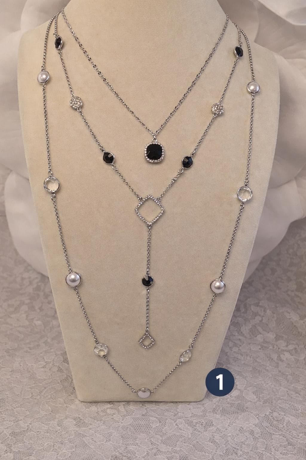 Vintage Black Silver Jewelry Collection – Statement Necklaces, Rhinestone Earrings, Pearl Chain - Thumbnail 2