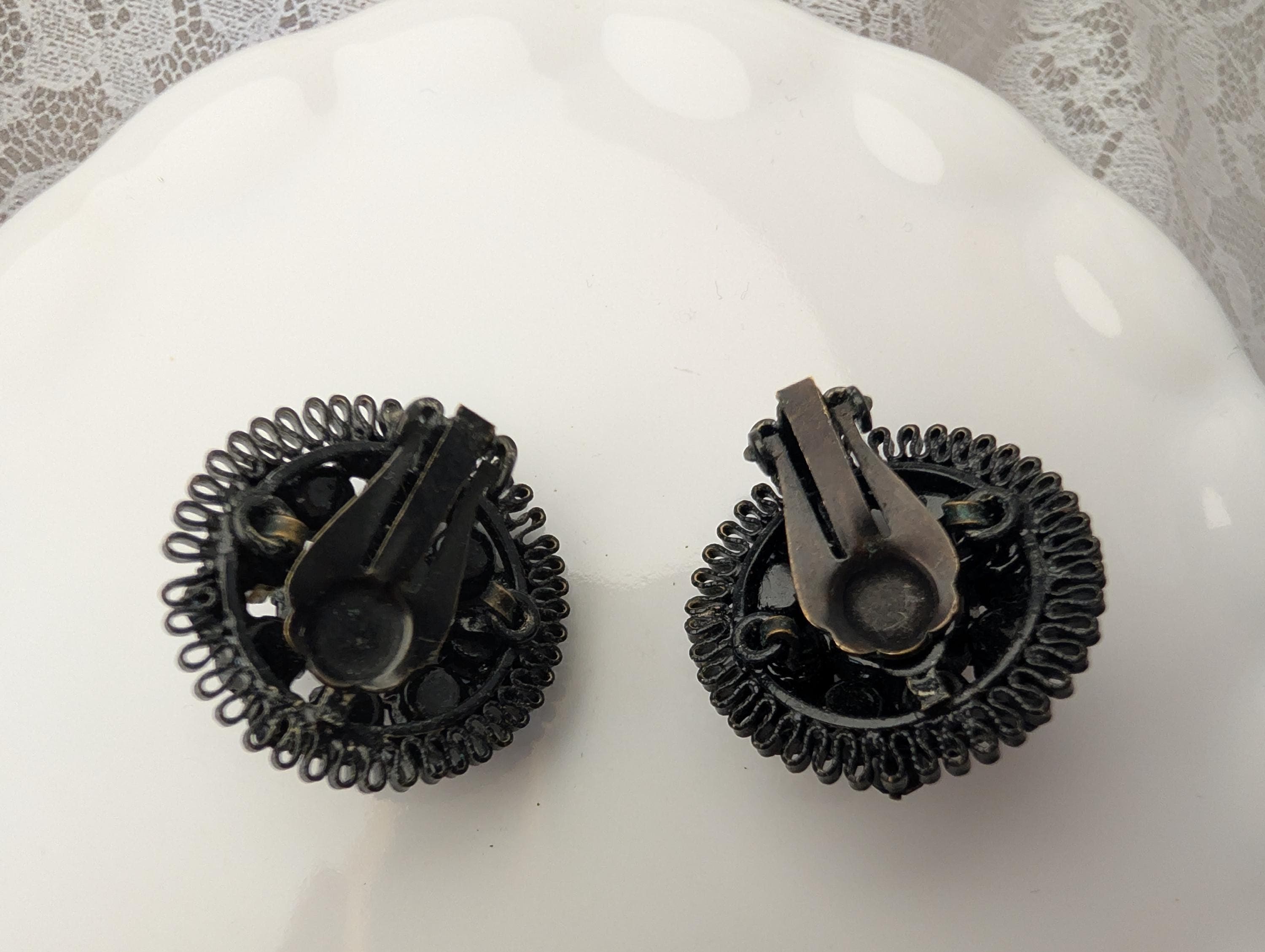 Vintage Japanned Metal Black Glass Cluster Earrings, Mid Century Gothic Statement - Thumbnail 4