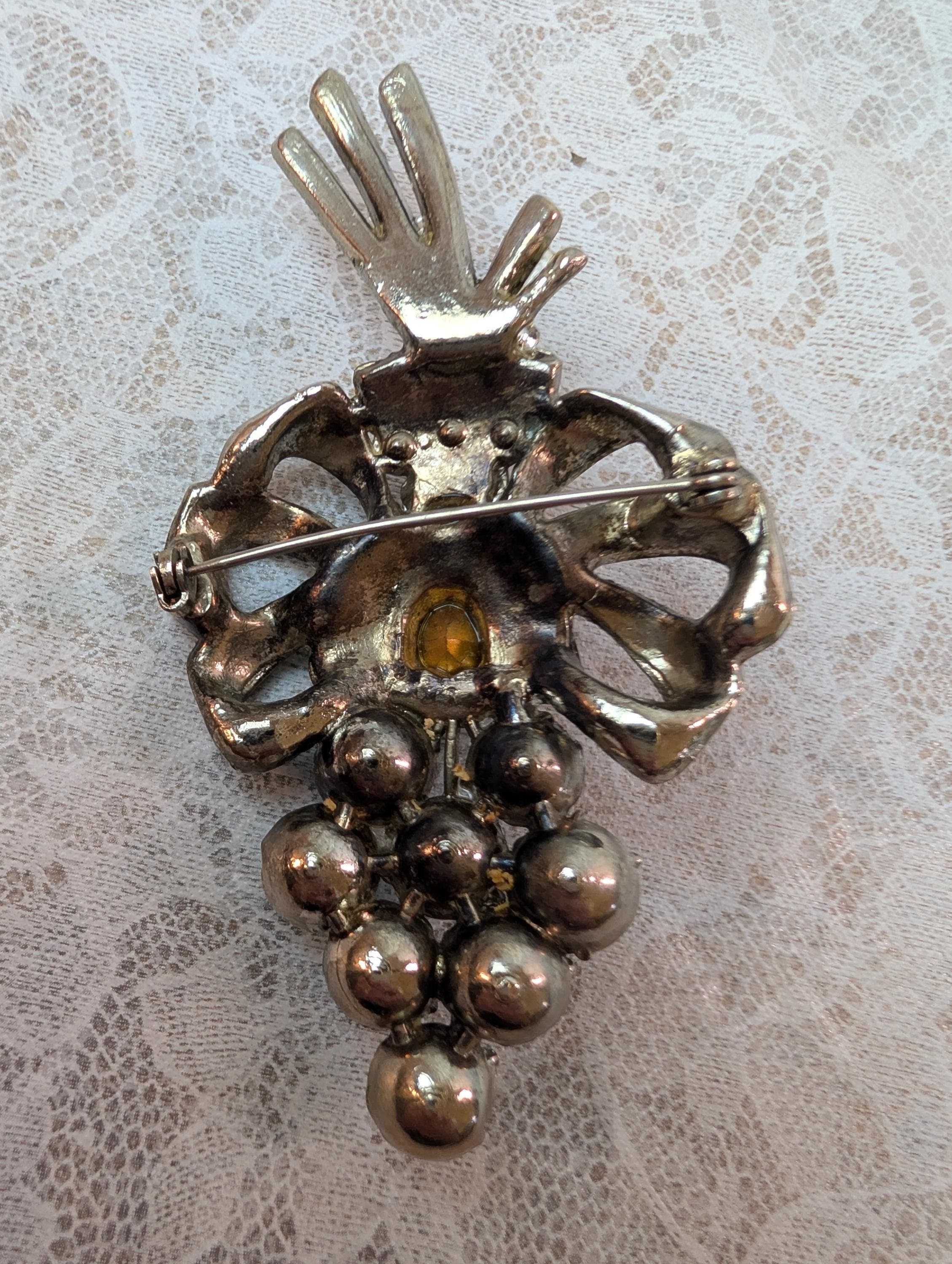 Vintage Rhinestone Brooch Trio, Blue Grape, Wreath, Silver-Tone Cluster Pins - Thumbnail 6