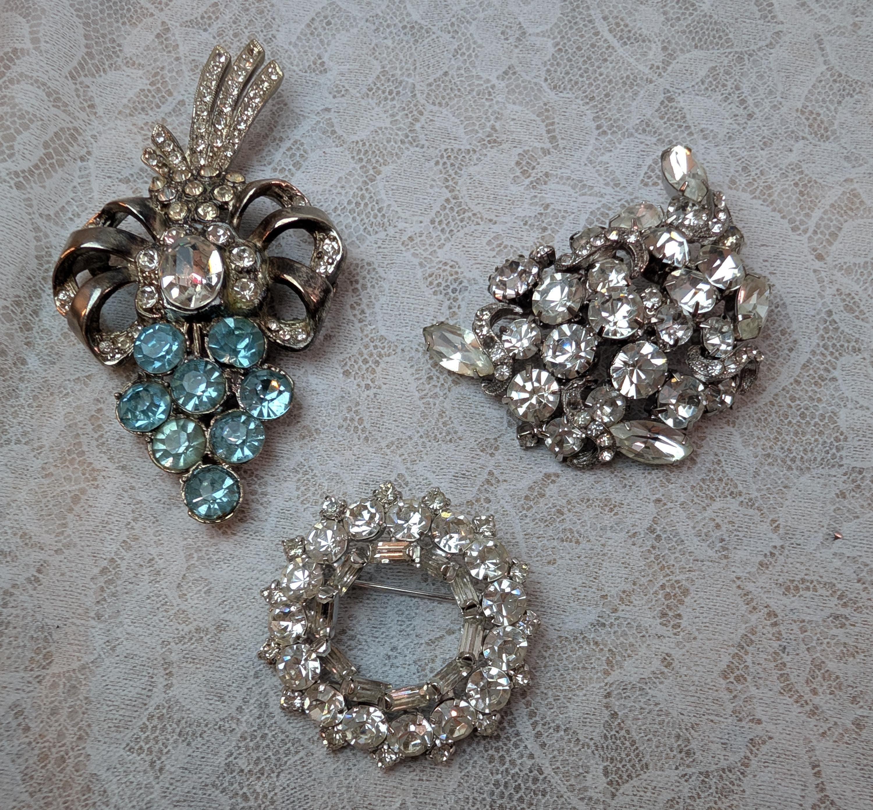 Vintage Rhinestone Brooch Trio, Blue Grape, Wreath, Silver-Tone Cluster Pins - Thumbnail 9