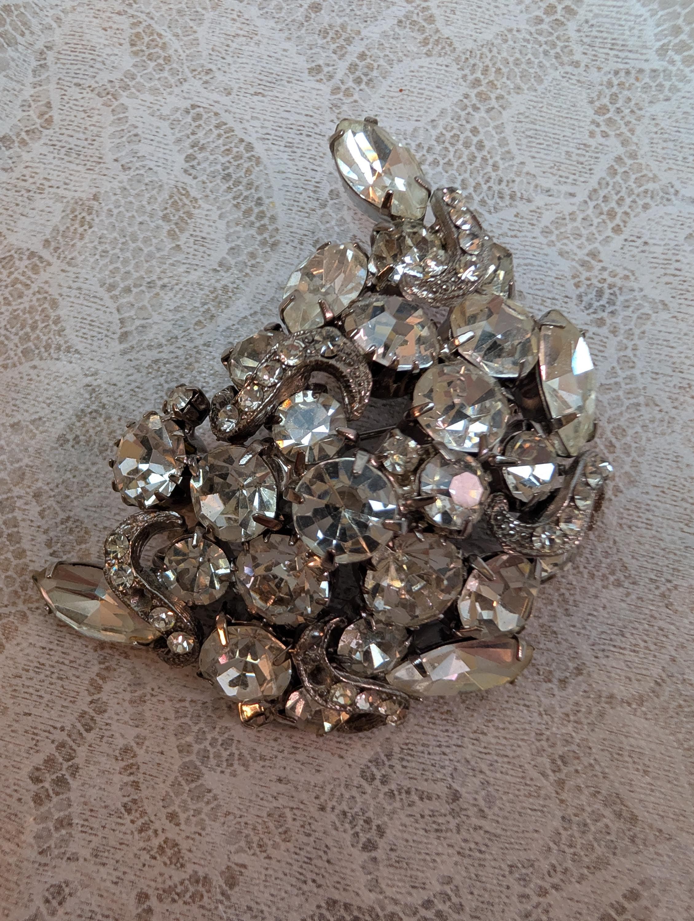 Vintage Rhinestone Brooch Trio, Blue Grape, Wreath, Silver-Tone Cluster Pins - Thumbnail 7