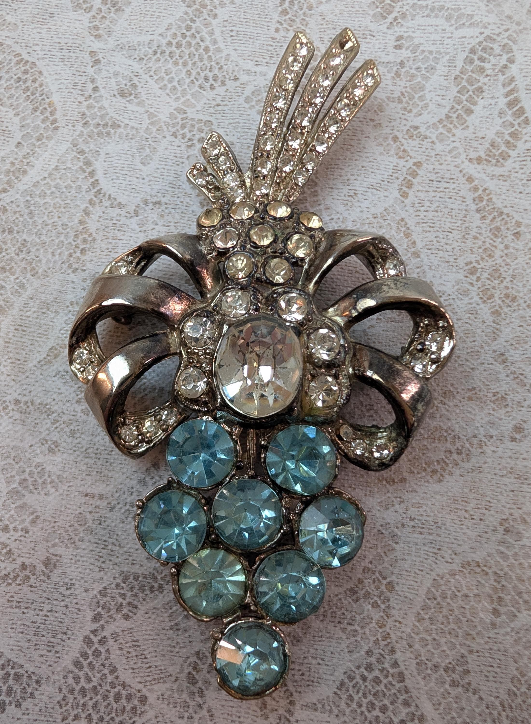 Vintage Rhinestone Brooch Trio, Blue Grape, Wreath, Silver-Tone Cluster Pins - Thumbnail 5