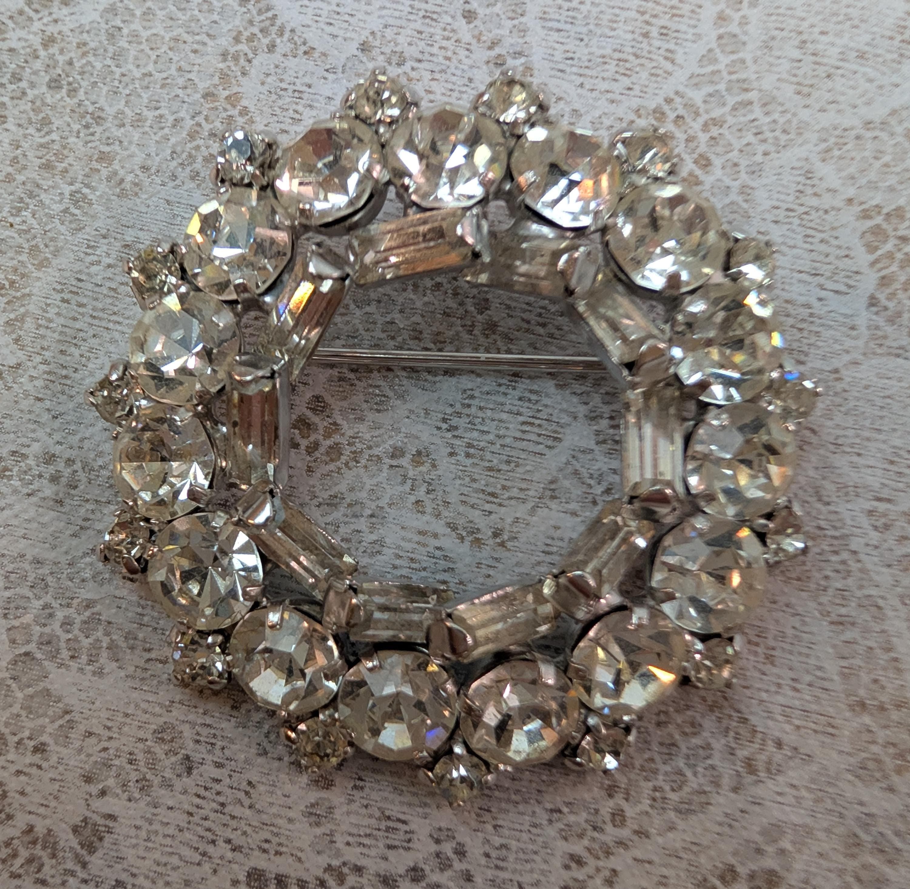 Vintage Rhinestone Brooch Trio, Blue Grape, Wreath, Silver-Tone Cluster Pins - Thumbnail 3
