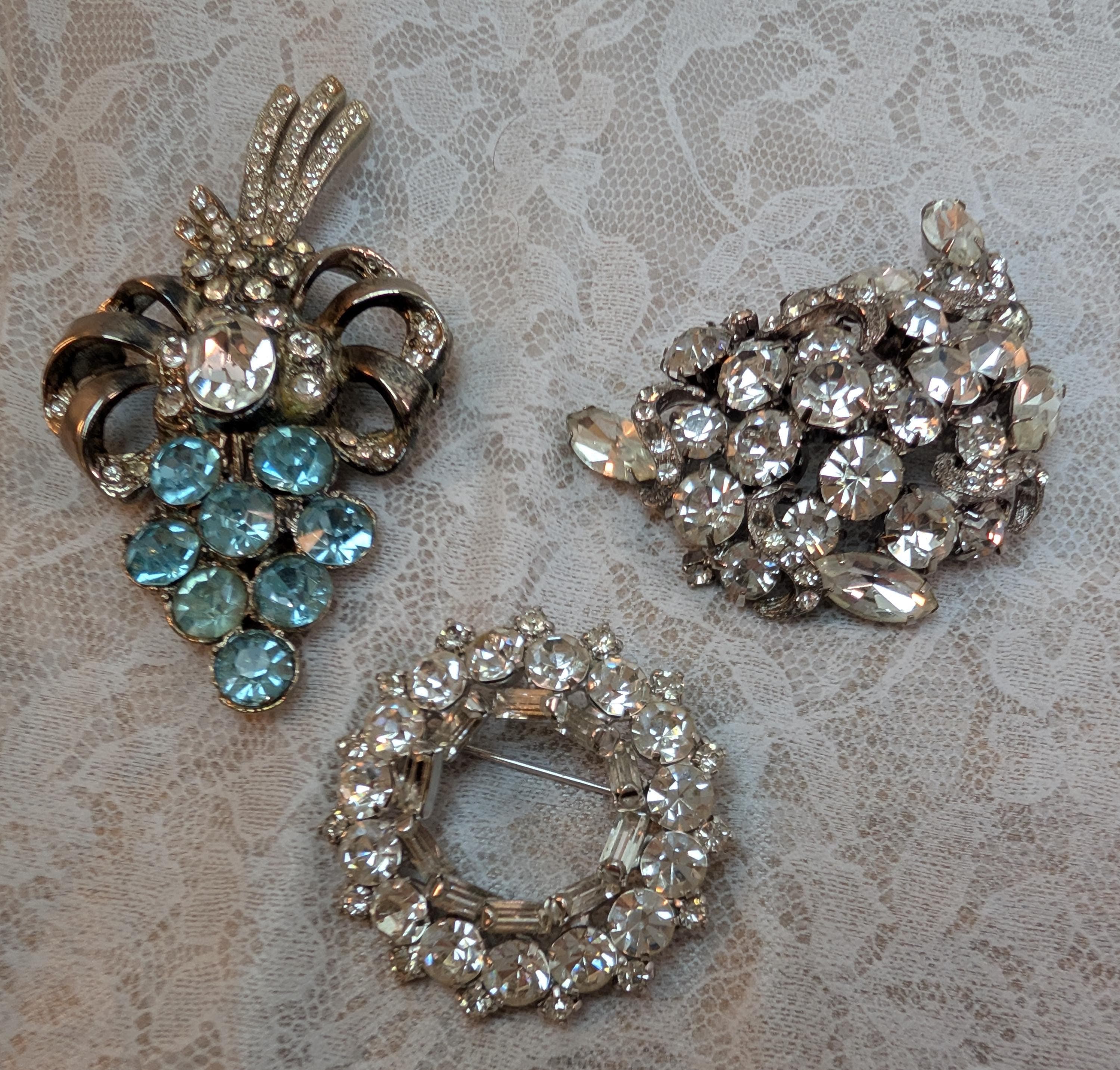 Vintage Rhinestone Brooch Trio, Blue Grape, Wreath, Silver-Tone Cluster Pins - Thumbnail 2