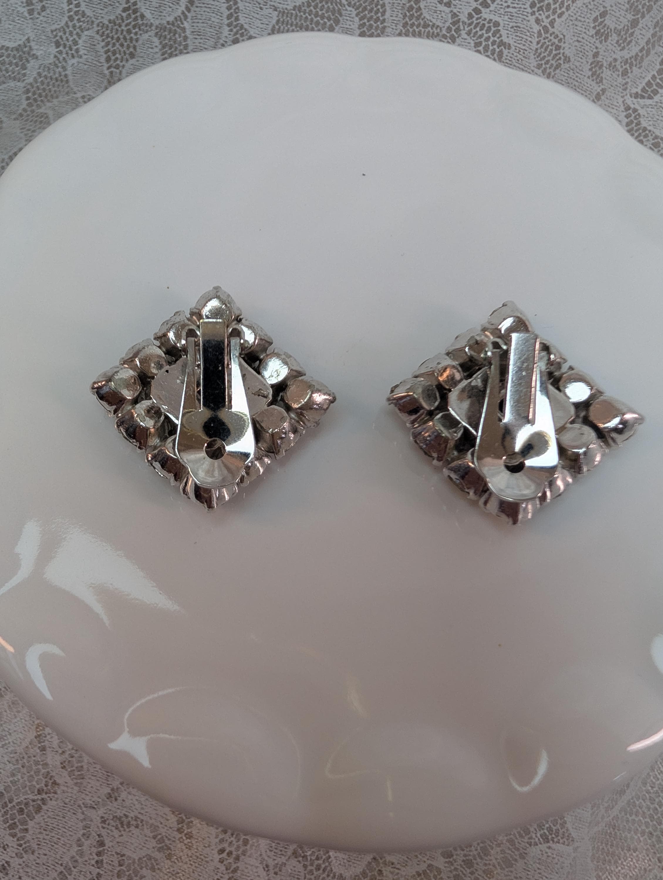Signed Eisenberg Script E Vintage Rhinestone Earrings, Square Cluster Bridal Glam - Thumbnail 7