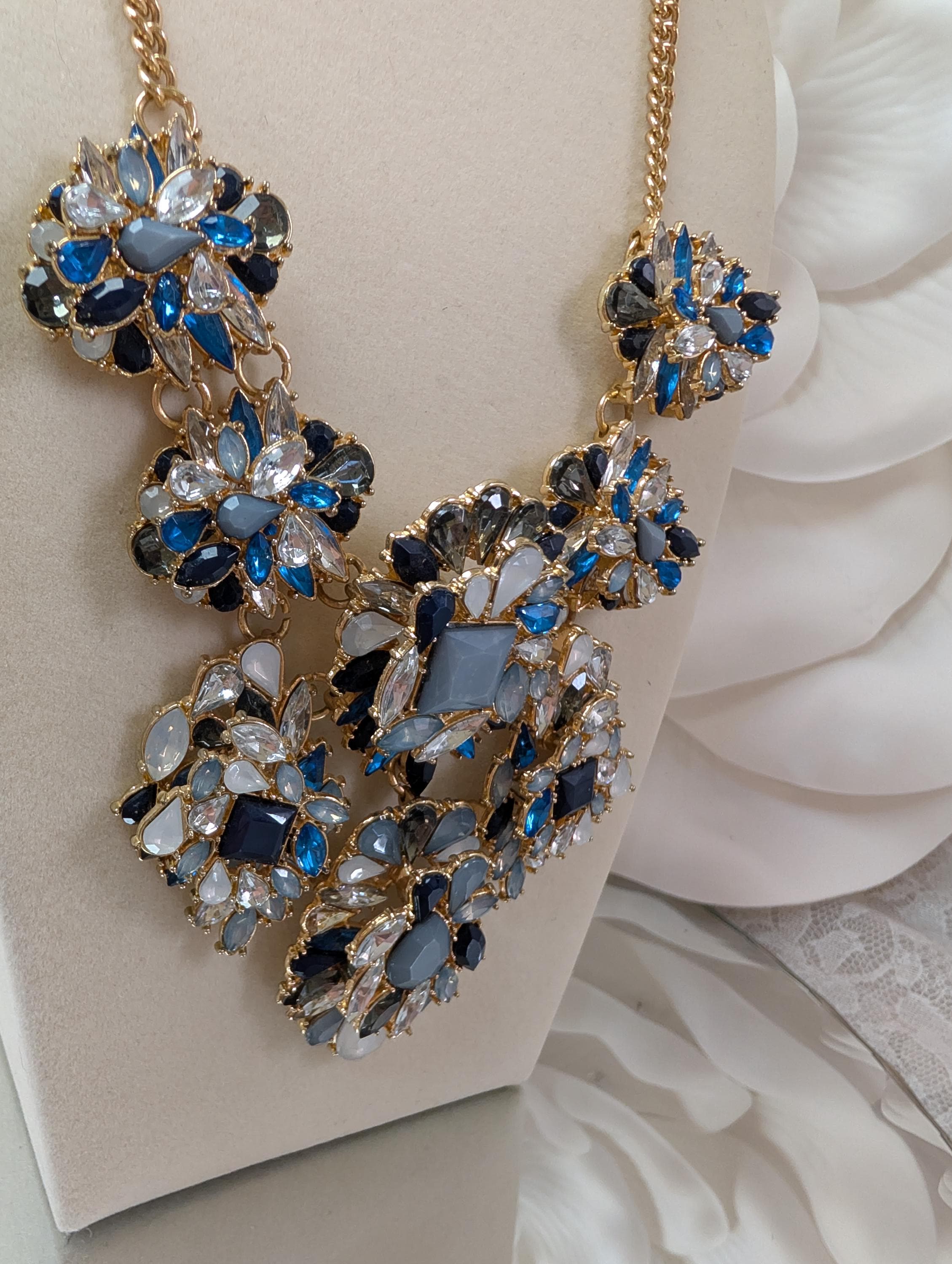 Vintage Cobalt Blue Rhinestone Statement Necklace, Gold Tone Floral Bib Glam Evening Jewelry - Thumbnail 2