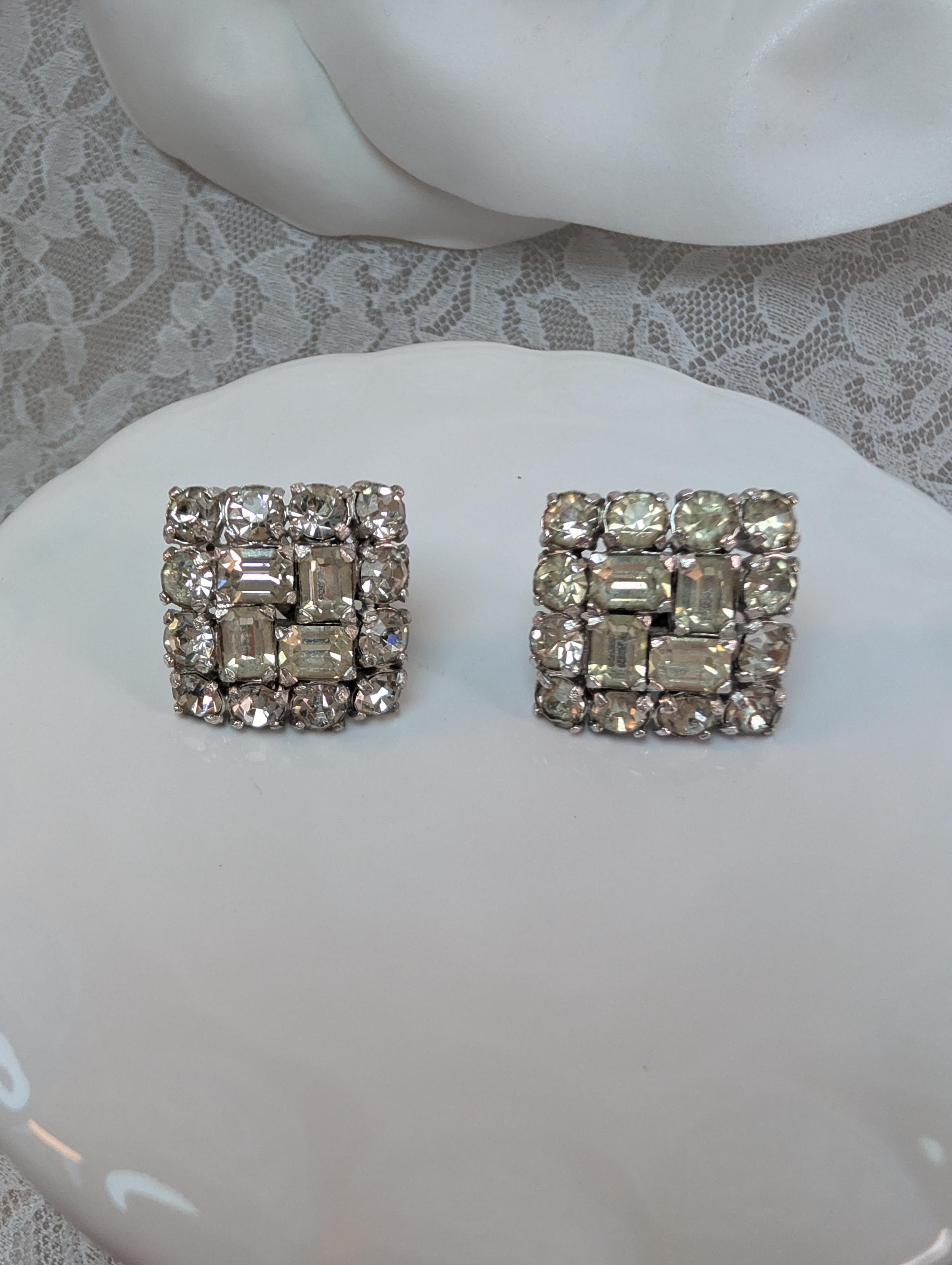 Signed Eisenberg Script E Vintage Rhinestone Earrings, Square Cluster Bridal Glam - Thumbnail 6