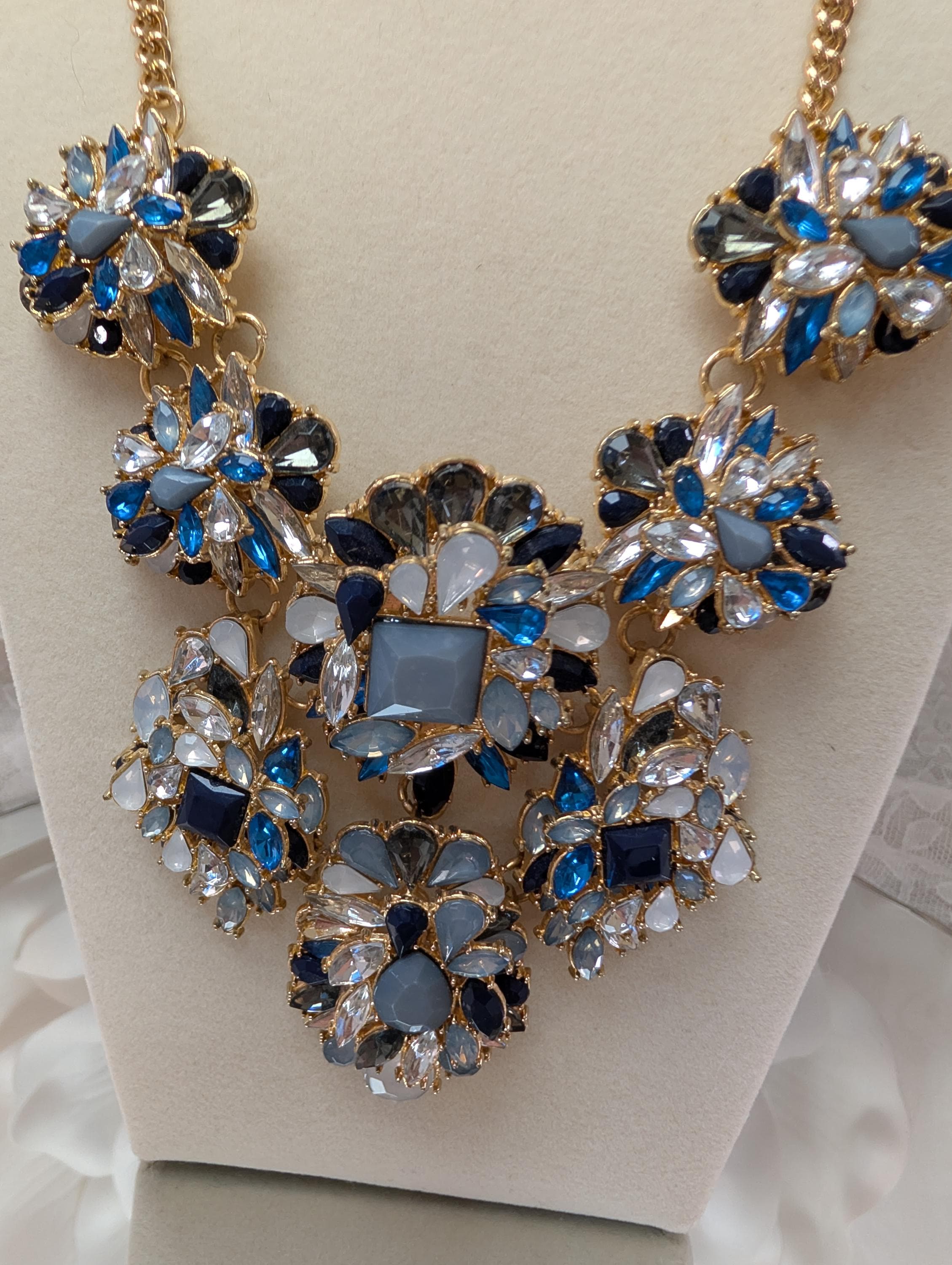 Vintage Cobalt Blue Rhinestone Statement Necklace, Gold Tone Floral Bib Glam Evening Jewelry - Thumbnail 4