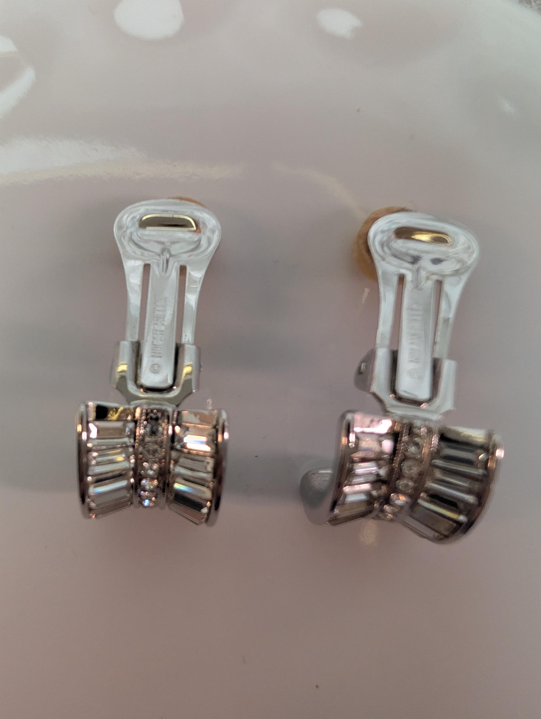 Signed Nolan Miller Silver Tone Baguette Rhinestone Clip Earrings – Art Deco Glam Statement - Thumbnail 8