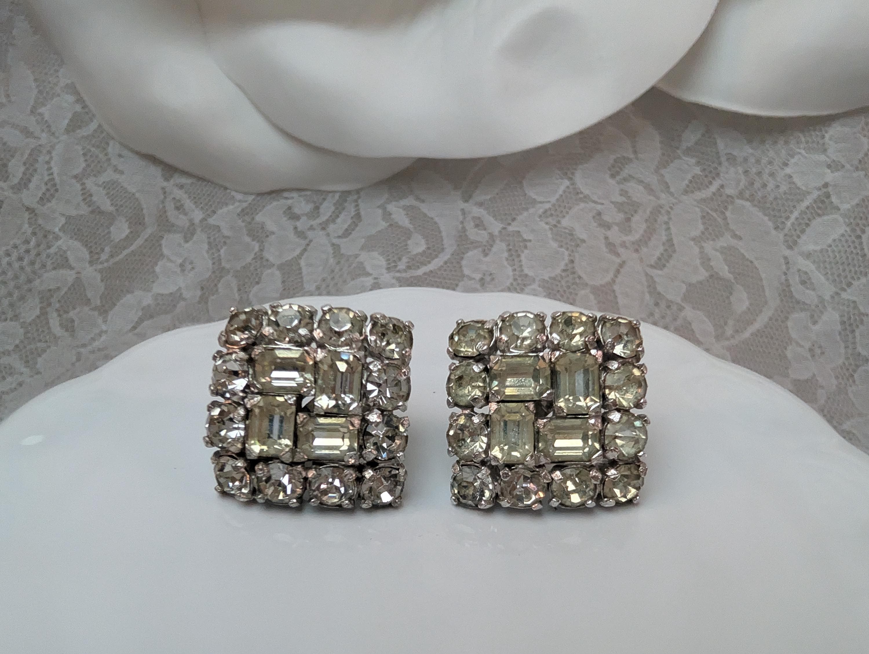 Signed Eisenberg Script E Vintage Rhinestone Earrings, Square Cluster Bridal Glam - Thumbnail 5